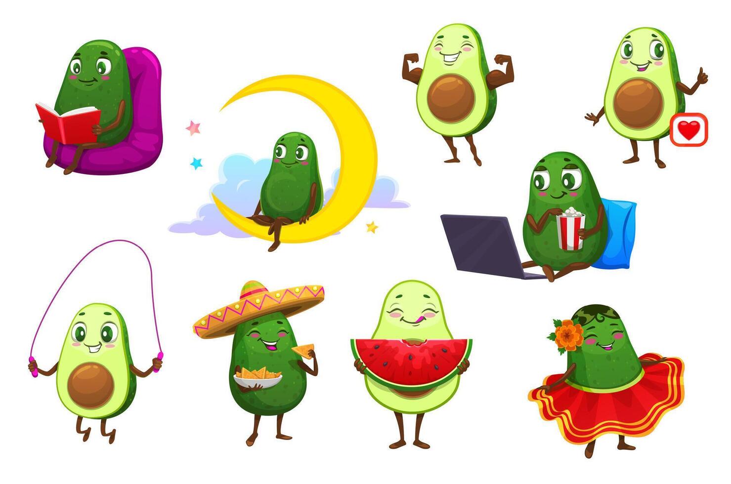 Cartoon mexican avocado fruits characters set vector
