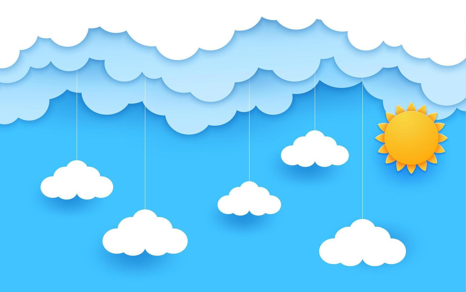 Sky clouds and sun, paper cut landscape background vector