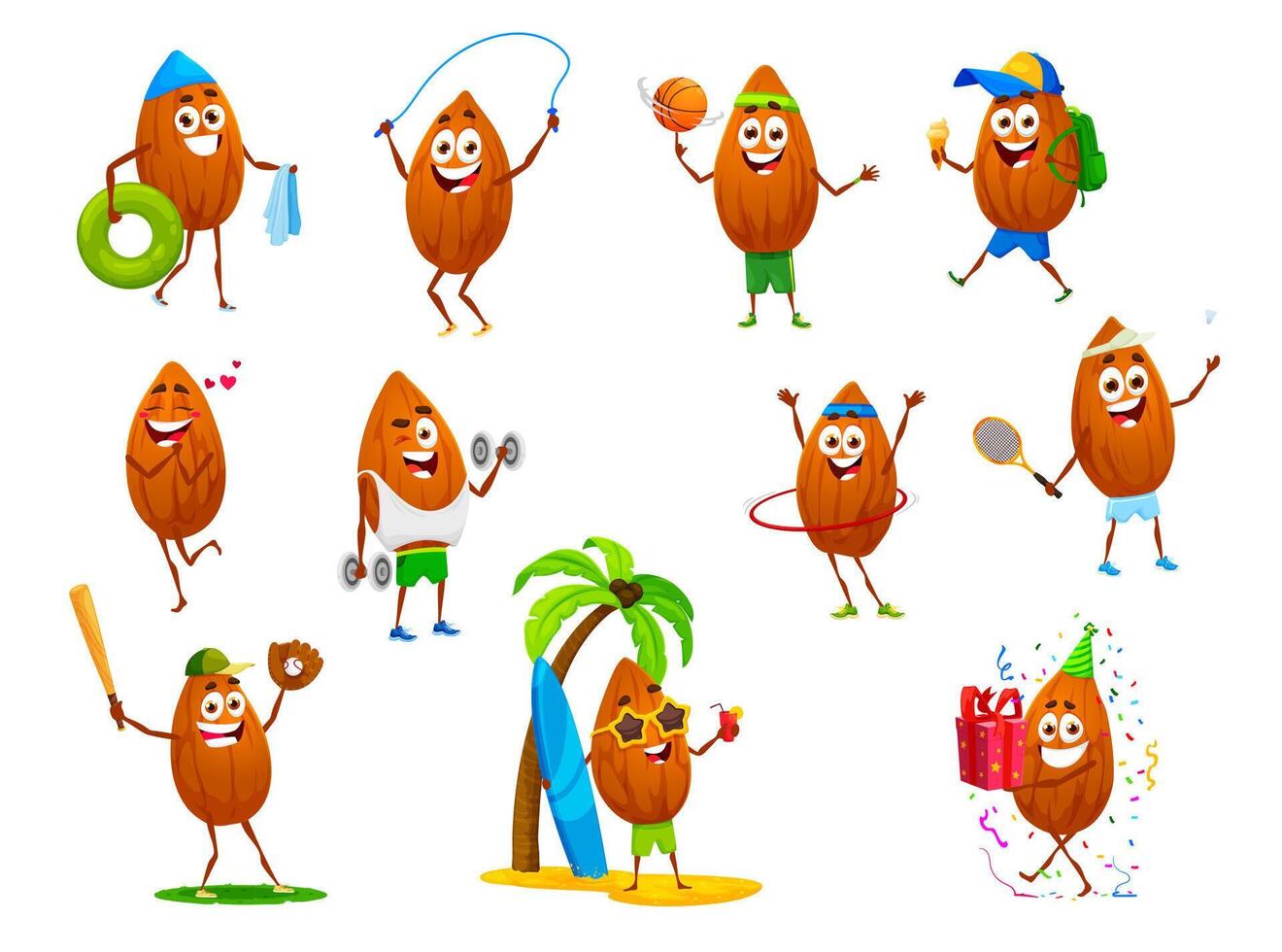 Cartoon almond nut characters on sport in summer vector