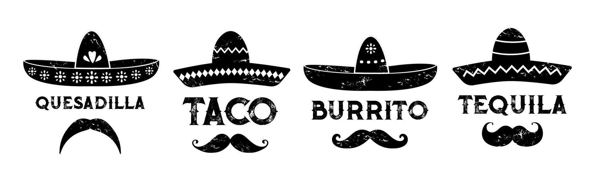 mexicano sombrero con burrito, taco y tequila vector