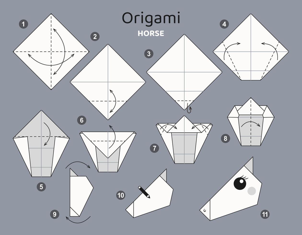 Horse origami scheme tutorial moving model. Origami for kids. Step by step how to make a cute origami animal. Vector illustration.