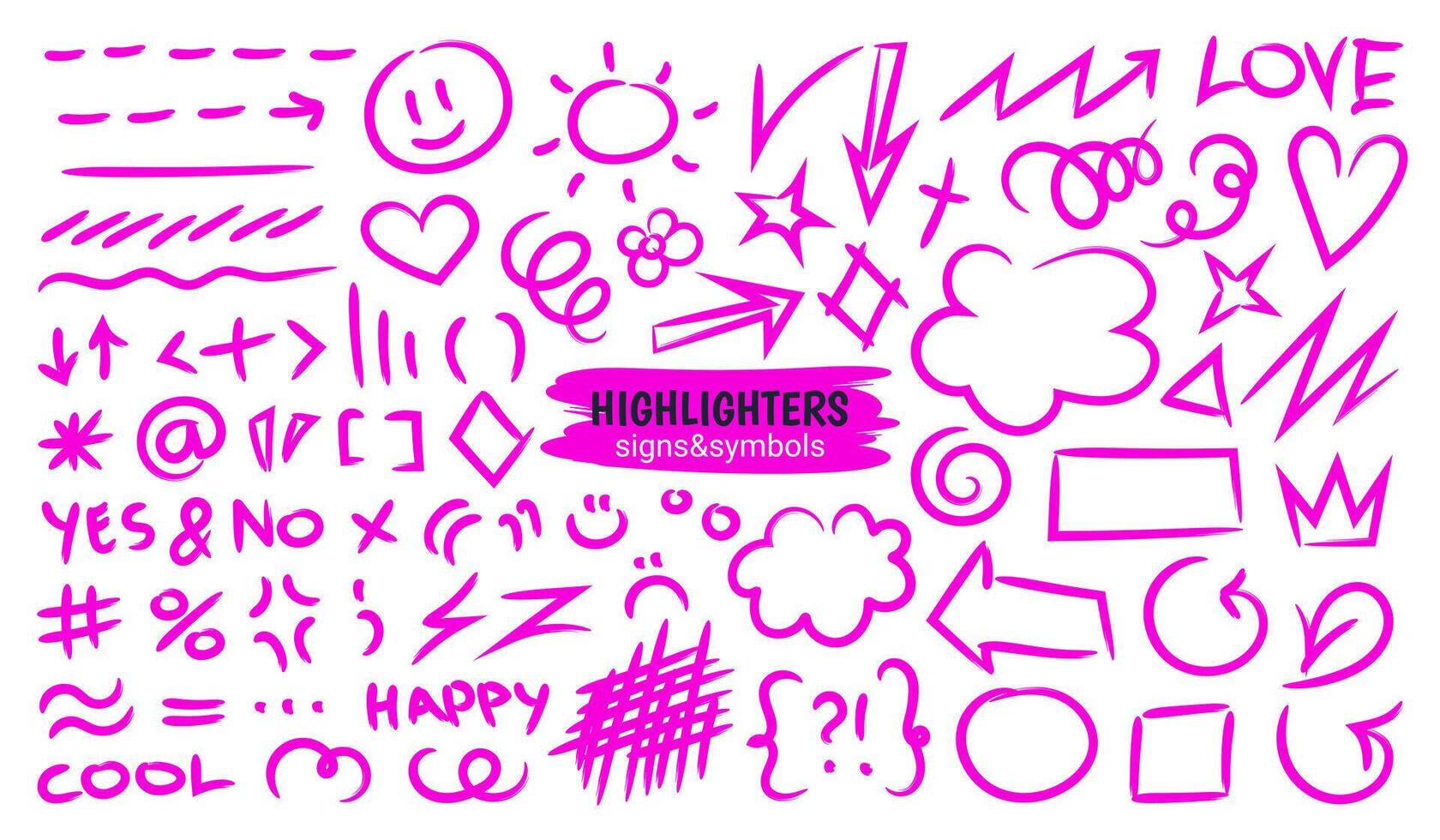 Highlight brush lines, shapes, elements, symbols. Big set of hand drawn isolated vector objects on white background. Neon pink doodle strokes. Acid highlighters marker stripes, underlines for any use.