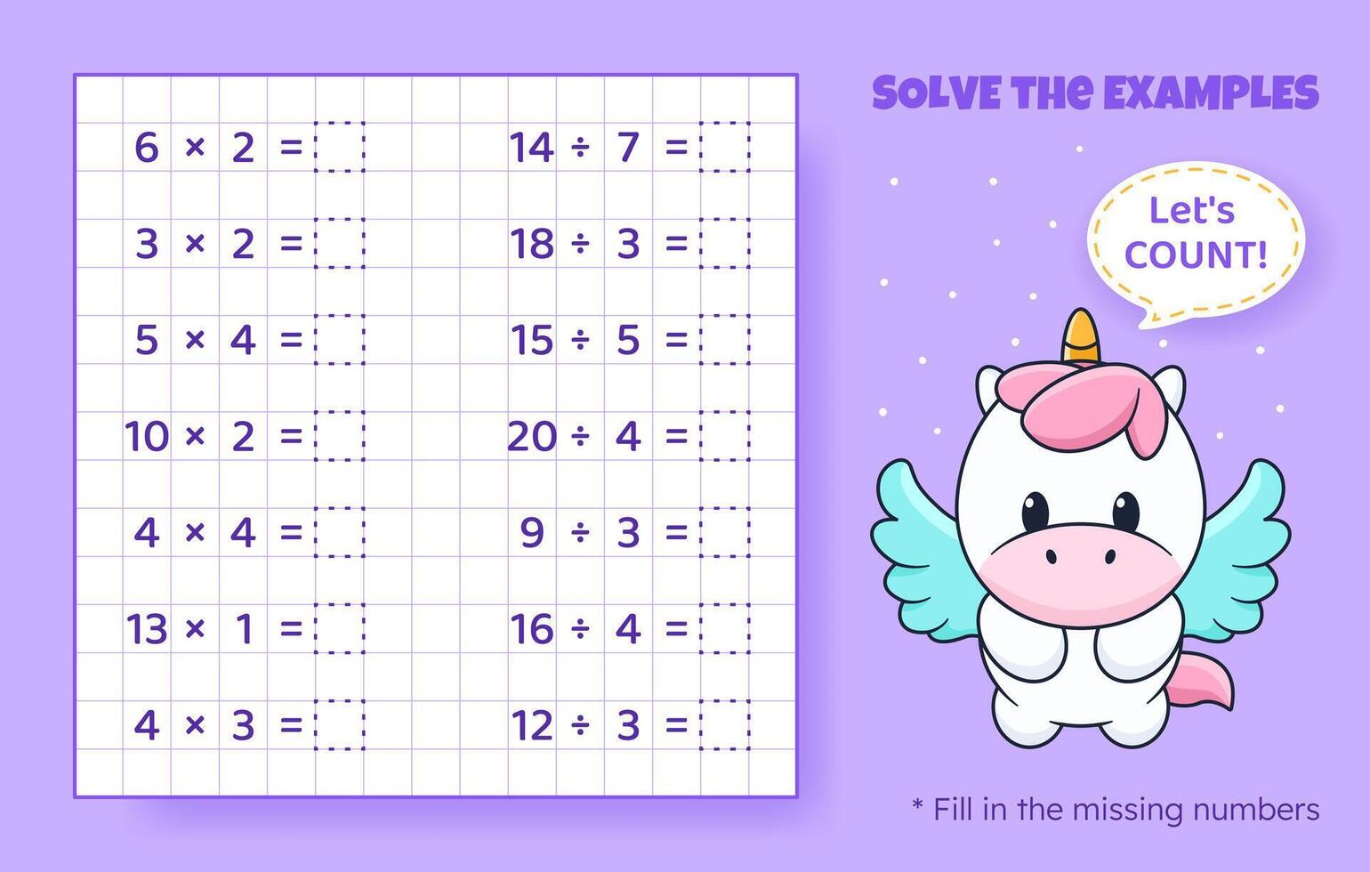 Solve the examples. Multiplication and division up to 20. Mathematical puzzle game. Worksheet for preschool kids. Vector illustration. Cartoon educational game with cute unicorn for children.