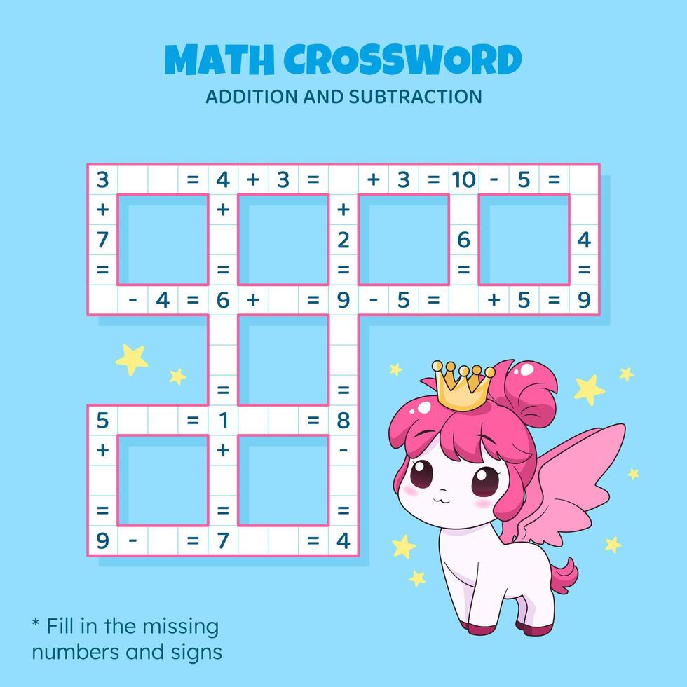 matemáticas crucigrama rompecabezas para niños. adición y sustracción. contando arriba a 10 juego para niños. vector ilustración. vistoso crucigrama con dibujos animados poni. tarea, educación material para niños.