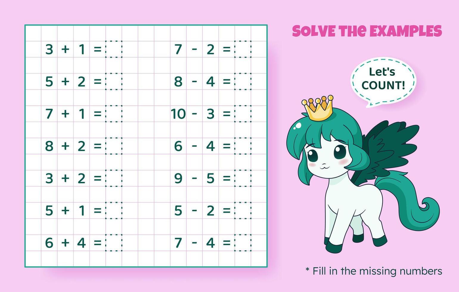 Solve the examples. Addition and subtraction up to 10. Mathematical puzzle game. Worksheet for school, preschool kids. Vector illustration. Cartoon educational game with cute pony for children.