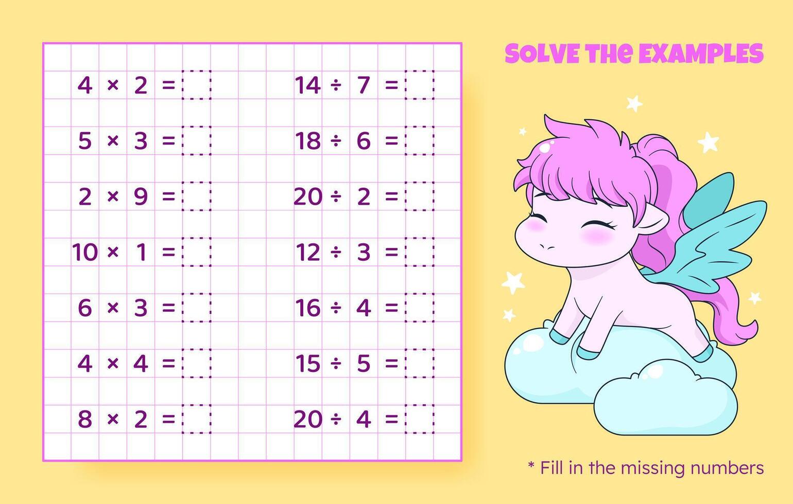 Solve the examples. Multiplication and division up to 20. Mathematical puzzle game. Worksheet for preschool kids. Vector illustration. Cartoon educational game with cute pony for children.