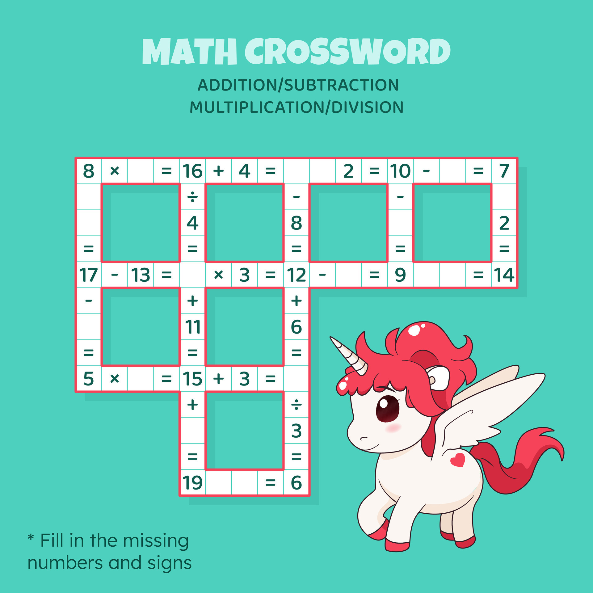 Math Crossword puzzle for children Addition subtraction