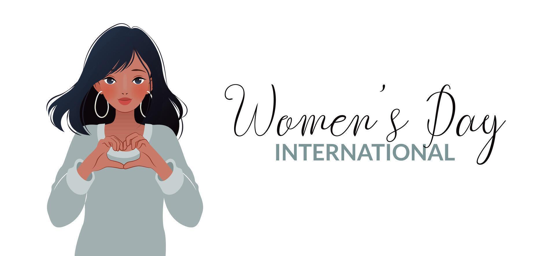 International Women's Day. 8 March. Inspire inclusion. Banner with young asian woman showing sign of heart. Modern vector design on white background for poster, campaign, promo, social media post.
