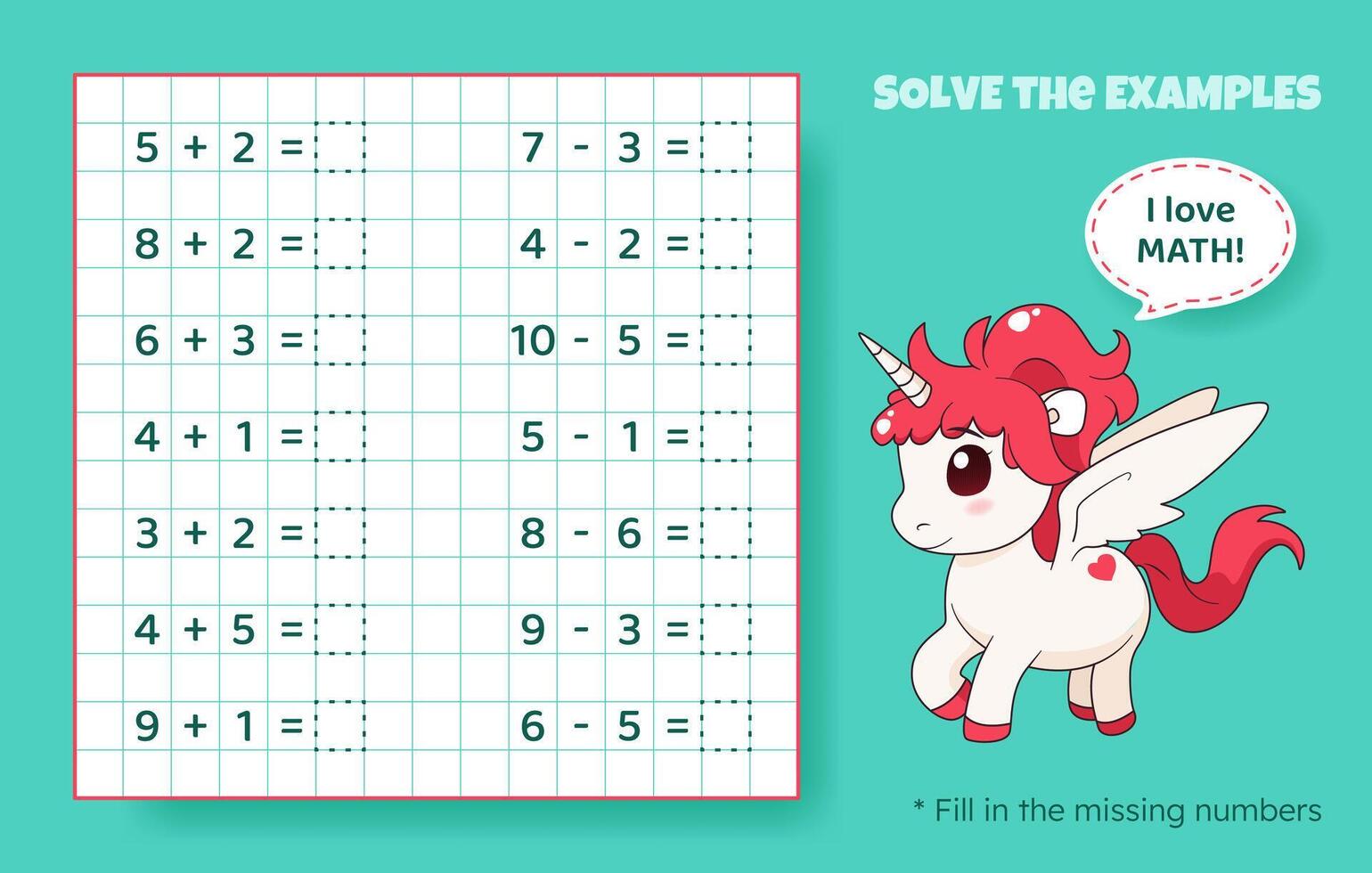 Solve the examples. Addition and subtraction up to 10. Mathematical puzzle game. Worksheet for school, preschool kids. Vector illustration. Cartoon educational game with cute unicorn for children.