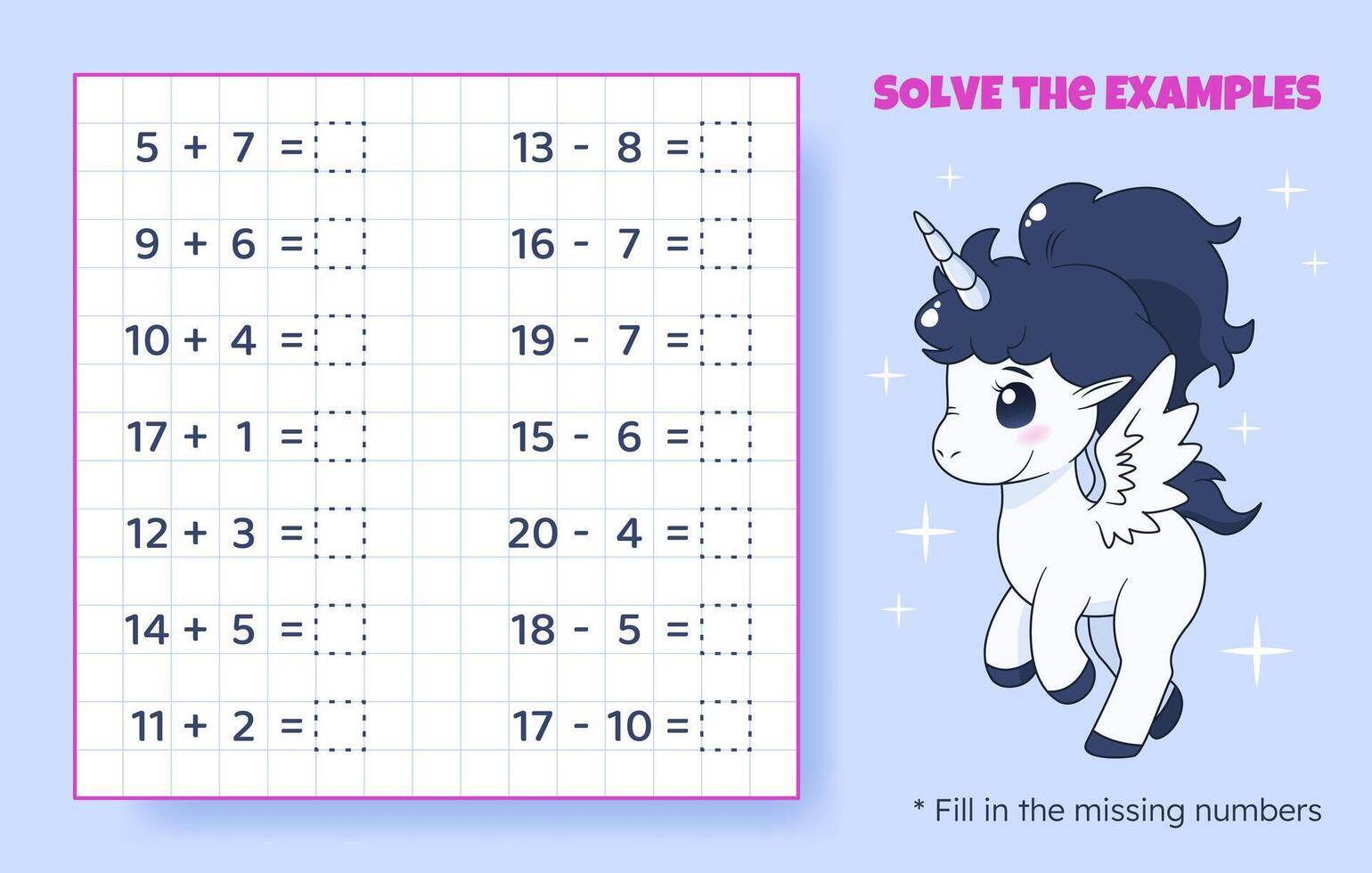Solve the examples. Addition and subtraction up to 20. Mathematical puzzle game. Worksheet for school, preschool kids. Vector illustration. Cartoon educational game with cute unicorn for children.