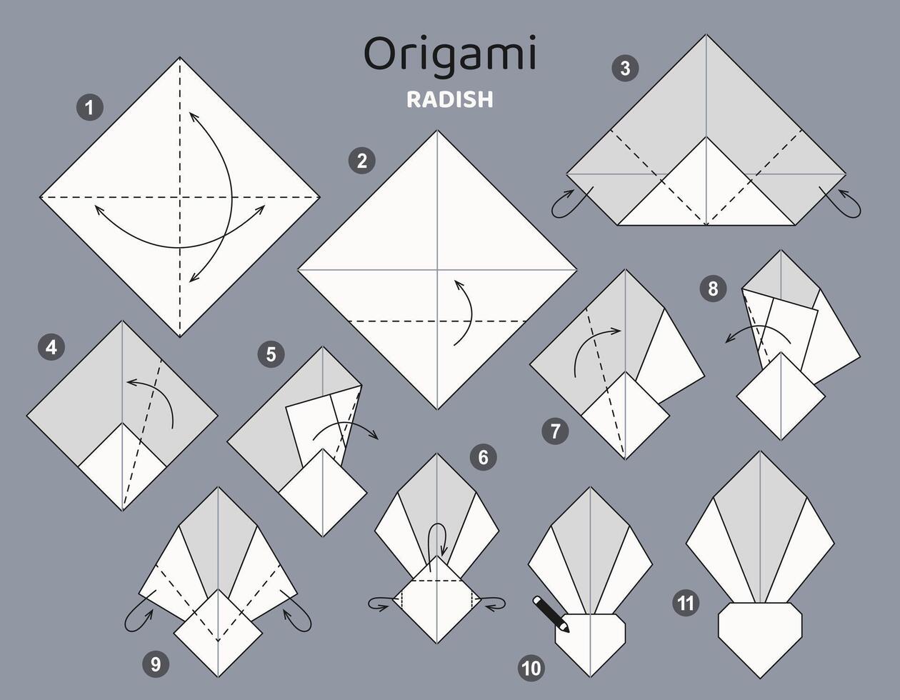 Radish origami scheme tutorial moving model. Origami for kids. Step by step how to make a cute origami vegetable. Vector illustration.