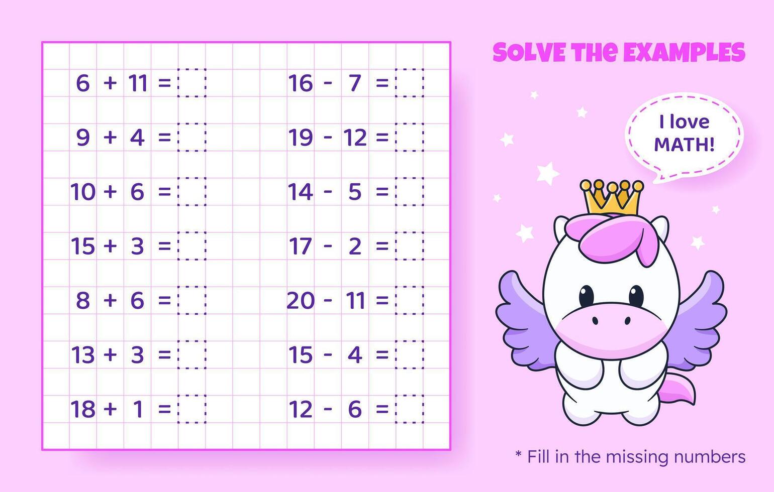 Solve the examples. Addition and subtraction up to 20. Mathematical puzzle game. Worksheet for school, preschool kids. Vector illustration. Cartoon educational game with cute pony for children.