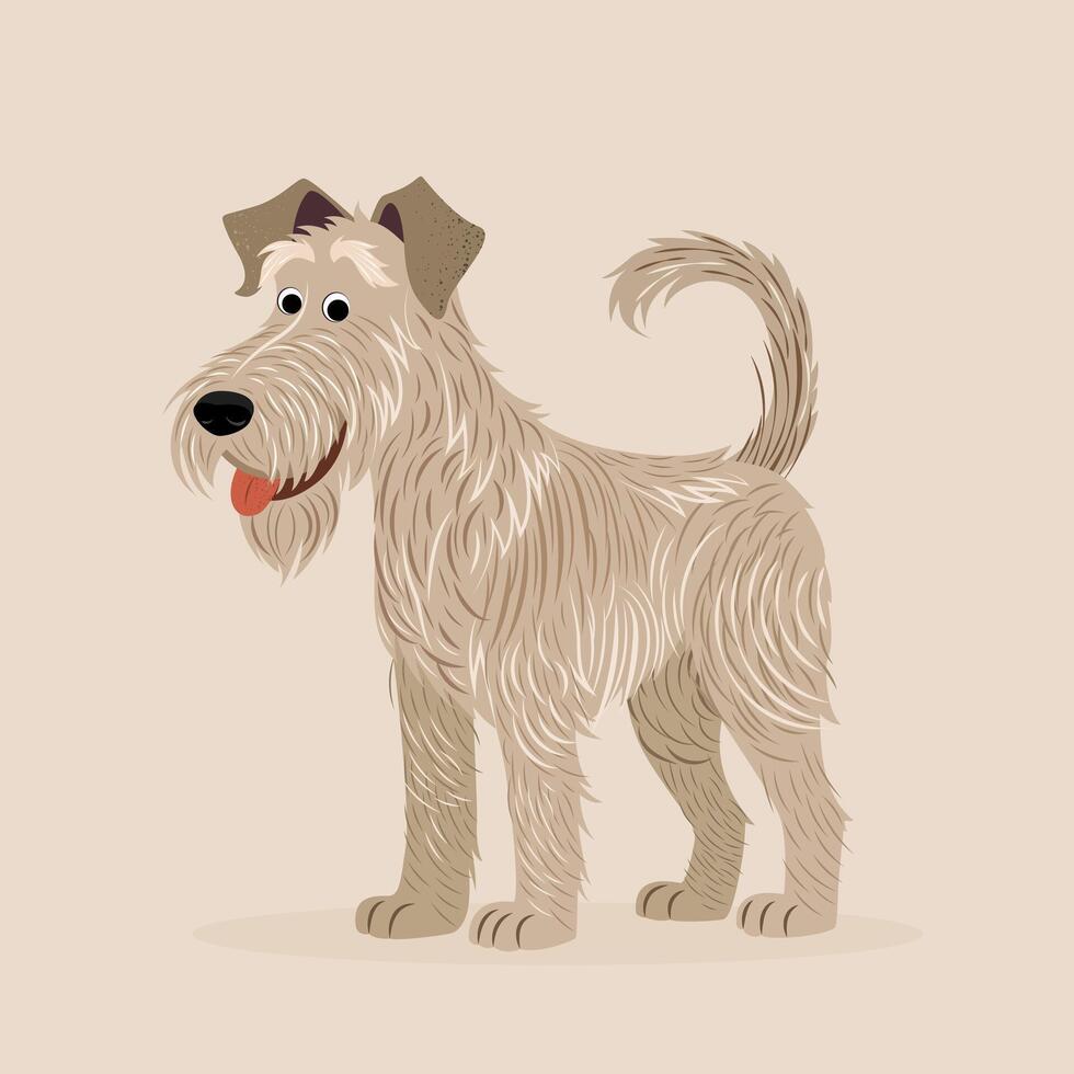 Cartoon funny dog in flat style. isolated Irish Wolfhound on beige background. Vector clip art for print, posters, covers, postcards and etc. Cute portrait of purebred puppy.