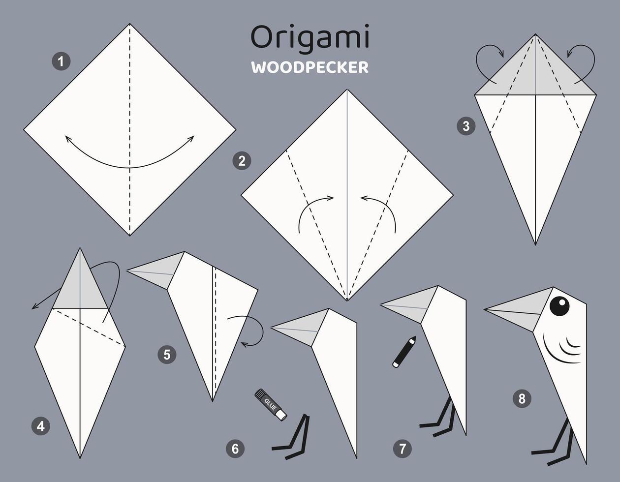 Woodpecker origami scheme tutorial moving model. Origami for kids. Step by step how to make a cute origami bird. Vector illustration.