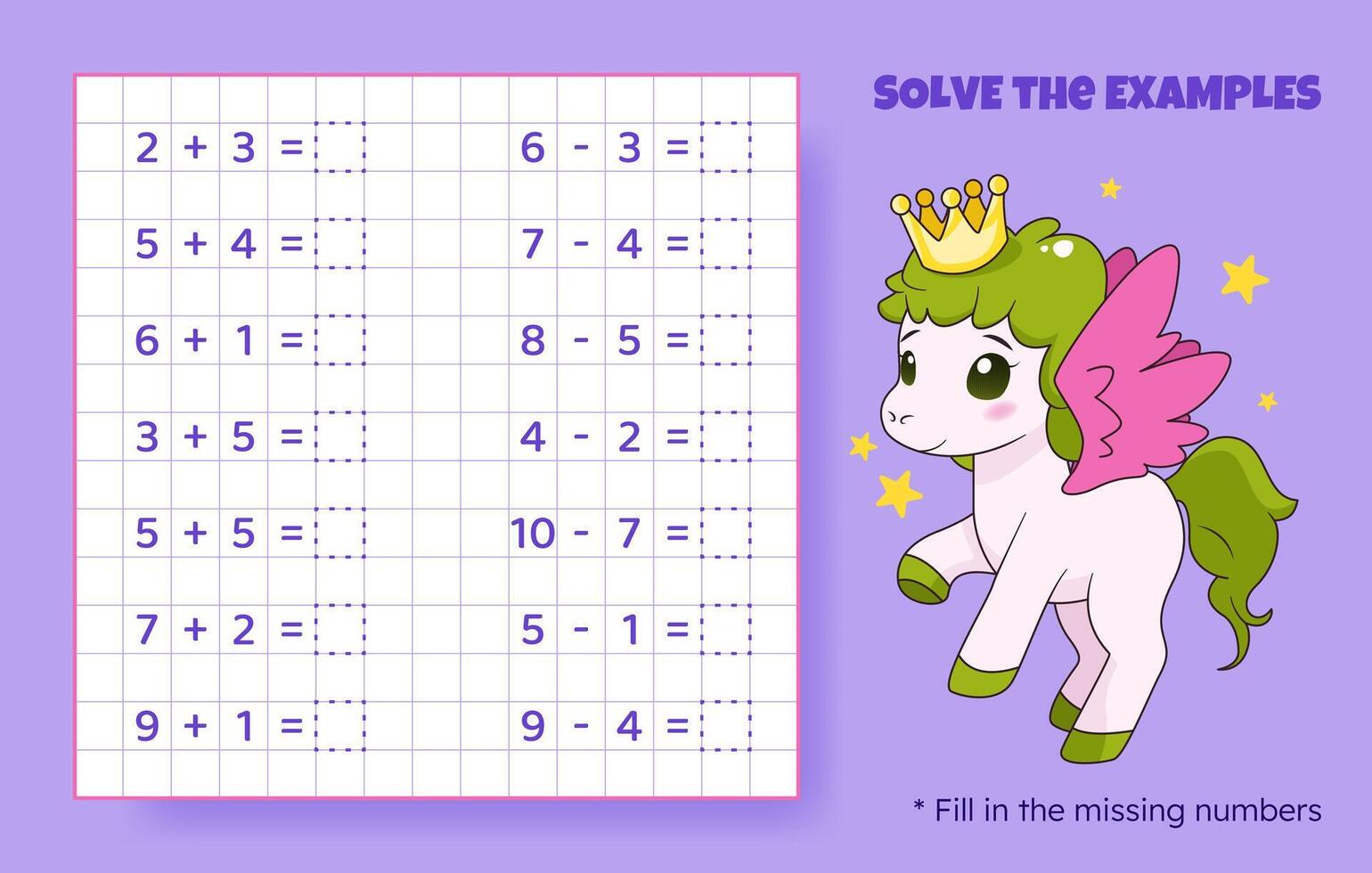 Solve the examples. Addition and subtraction up to 10. Mathematical puzzle game. Worksheet for school, preschool kids. Vector illustration. Cartoon educational game with cute pony for children.