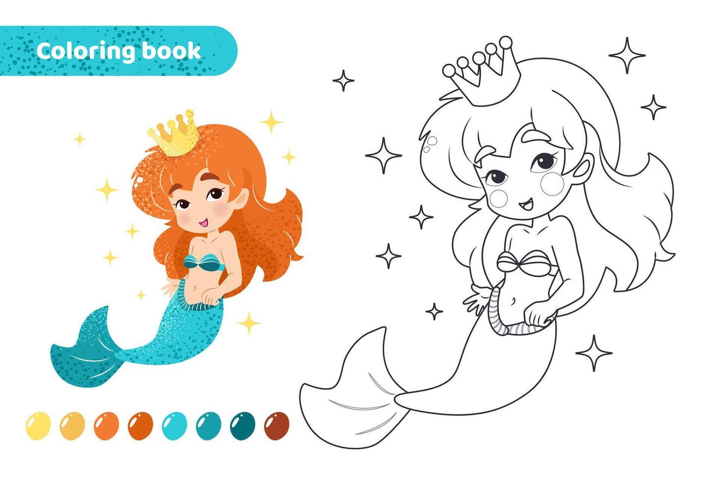 Coloring book for kids. Worksheet for drawing with cartoon mermaid. Cute magical creature with crown and stars. Coloring page with color palette for children. Vector illustration.