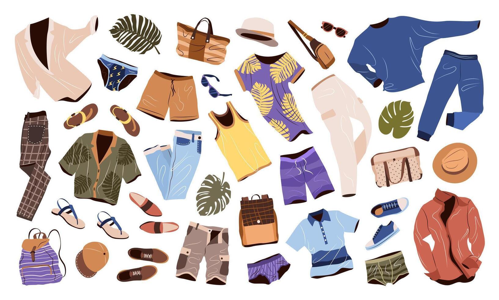 Clothes set in casual style for men. Fashion trendy clothing, accessories, shoes, hats for spring, summer and vacation. isolated flat vector illustrations on white background.