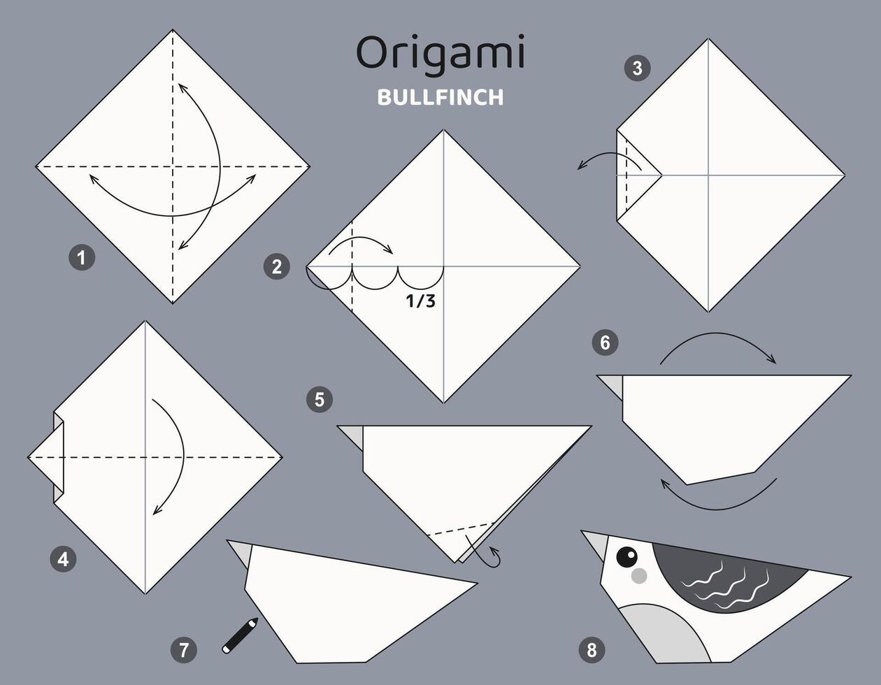Bullfinch origami scheme tutorial moving model. Origami for kids. Step by step how to make a cute origami bird. Vector illustration.