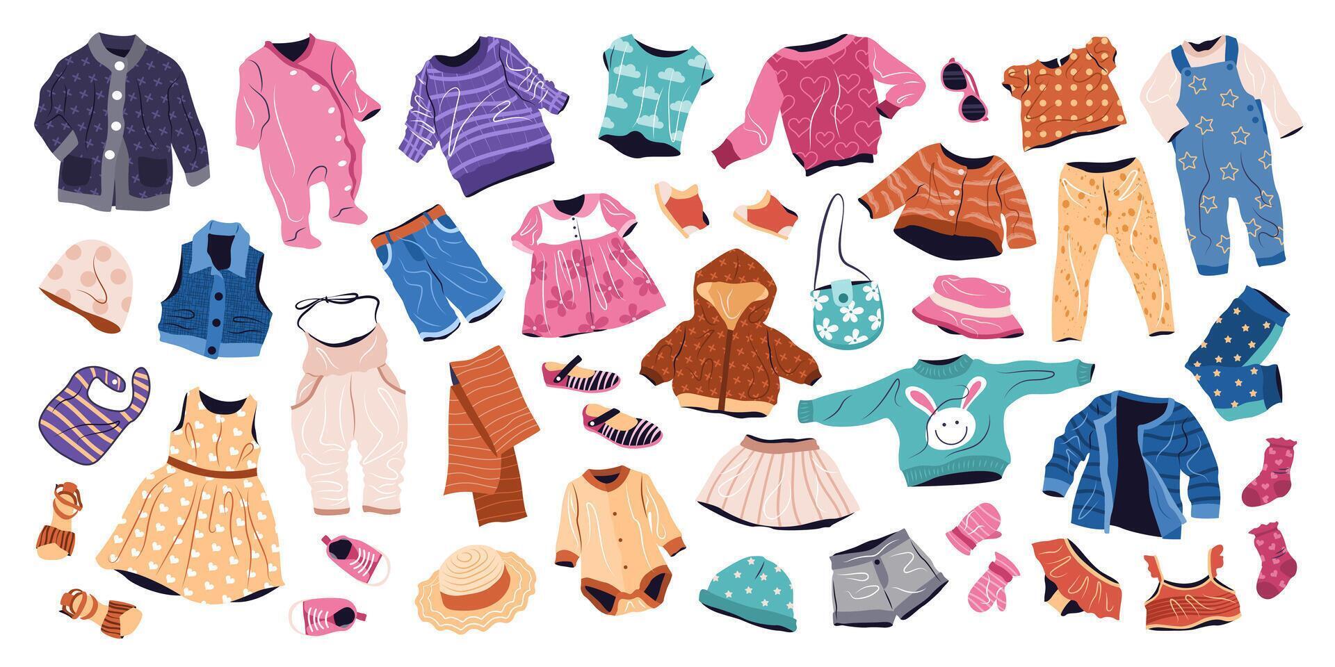 Casual clothing set for kids. Summer and spring fashion garments for boys and girls. Collection of stylish children wearing. isolated flat vector illustrations on white background.