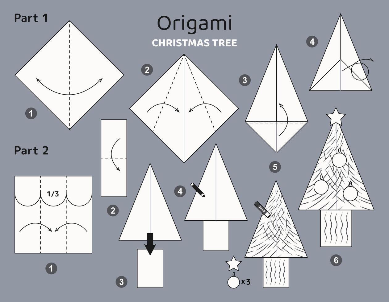 Christmas tree origami scheme tutorial moving model. Origami for kids. Step by step how to make a cute origami fir. Vector illustration.