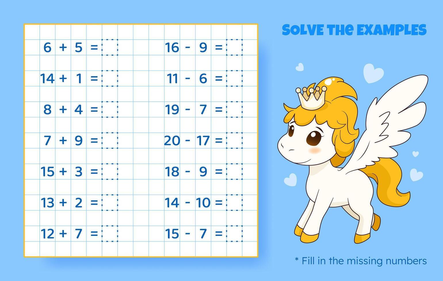 Solve the examples. Addition and subtraction up to 20. Mathematical puzzle game. Worksheet for school, preschool kids. Vector illustration. Cartoon educational game with cute pony for children.