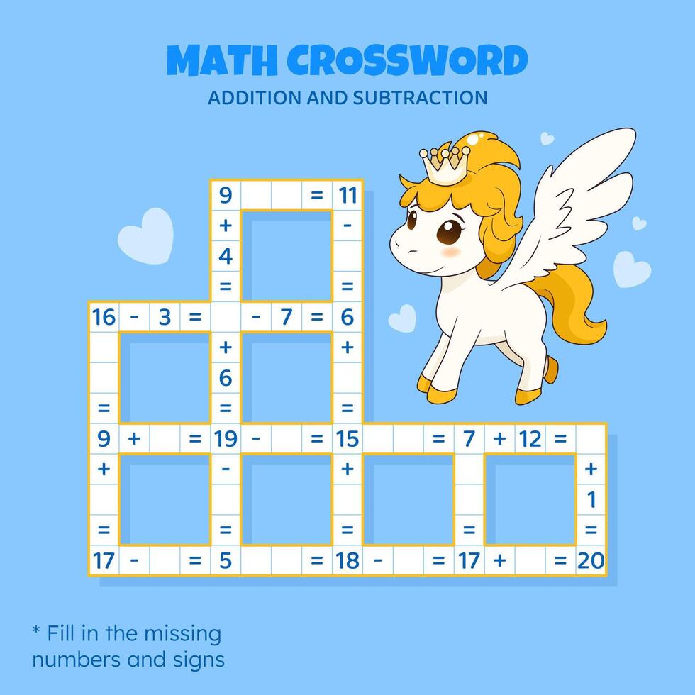 Math Crossword puzzle for kids. Addition and subtraction. Counting up to 20. Game for children. Vector illustration. Colorful crossword with cartoon pony. Task, education material for kids.