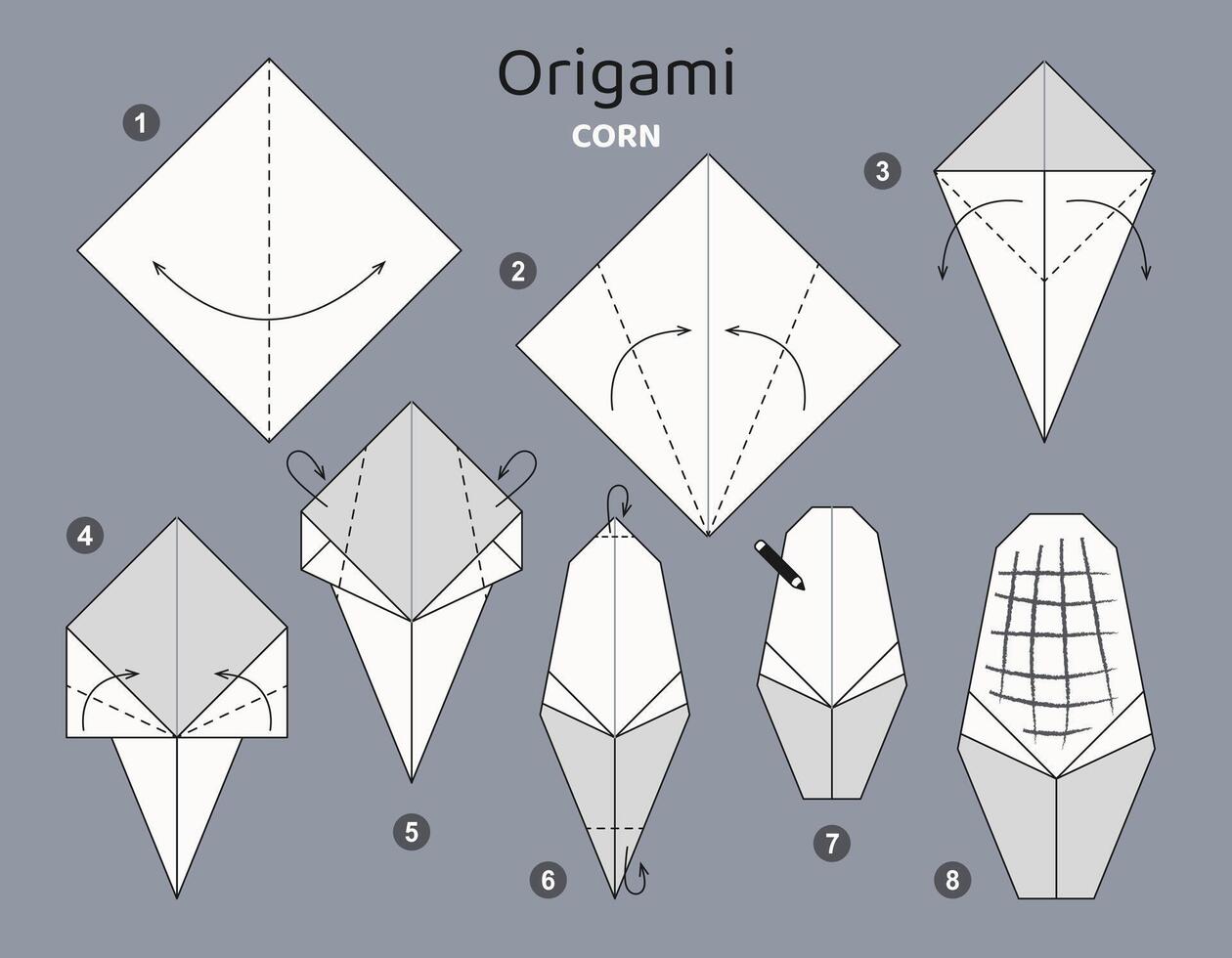 Corn origami scheme tutorial moving model. Origami for kids. Step by step how to make a cute origami vegetable. Vector illustration.