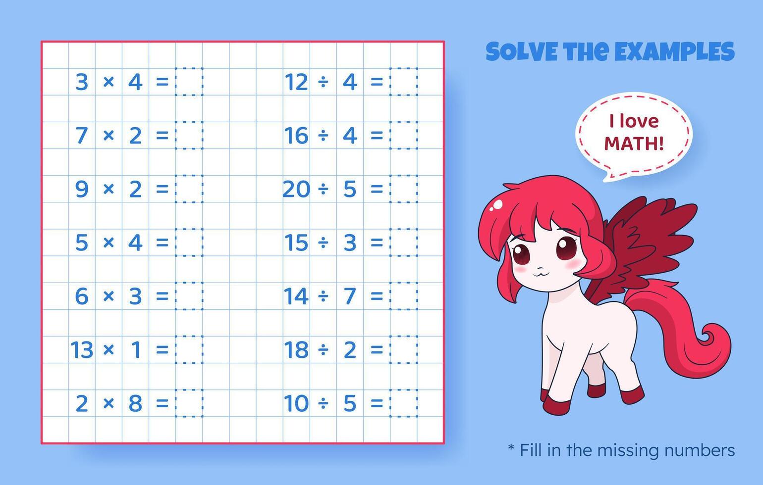 Solve the examples. Multiplication and division up to 20. Mathematical puzzle game. Worksheet for preschool kids. Vector illustration. Cartoon educational game with cute pony for children.