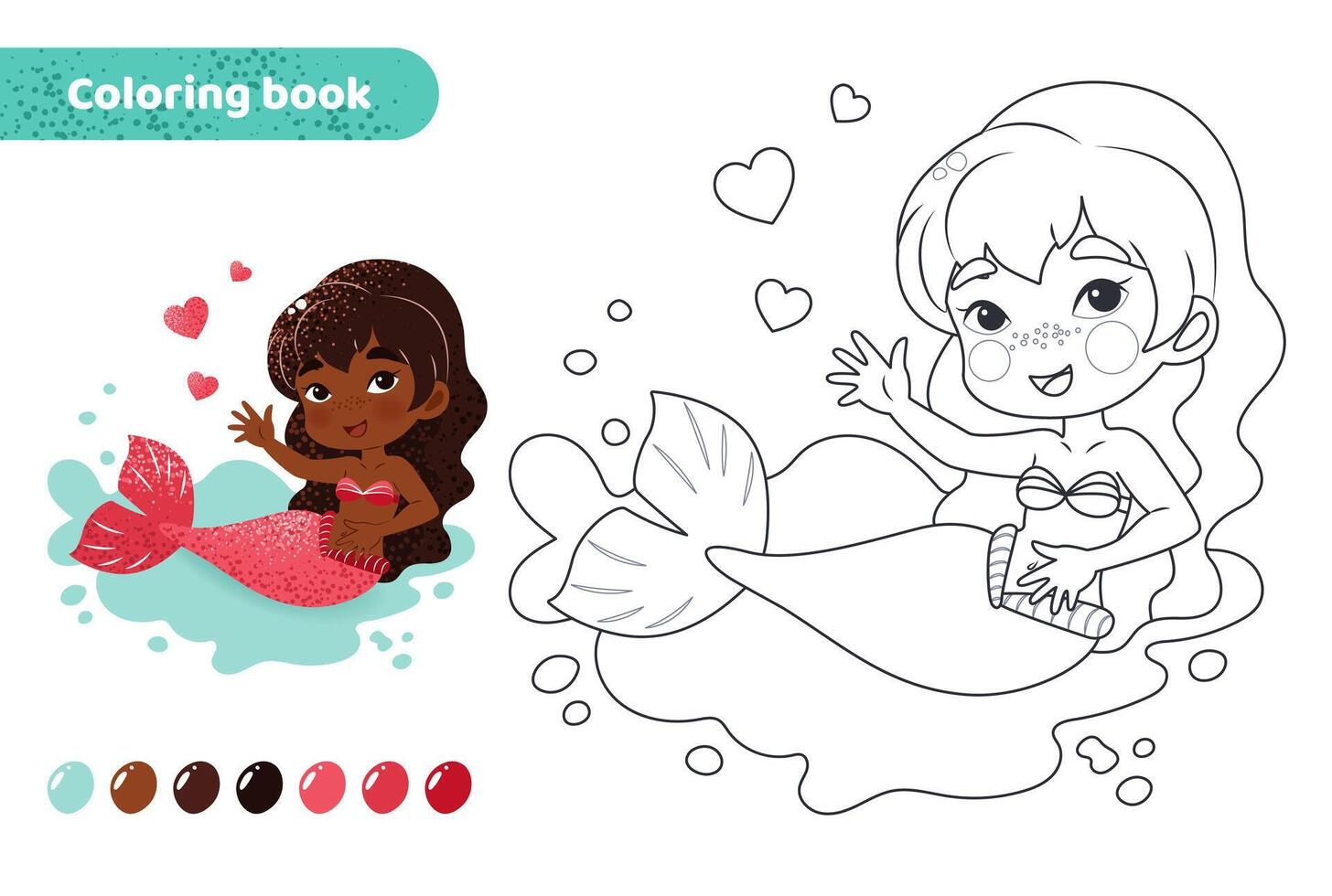 Coloring book for kids. Worksheet for drawing with cartoon mermaid. Cute magical creature with hearts. Coloring page with color palette for children. Vector illustration.