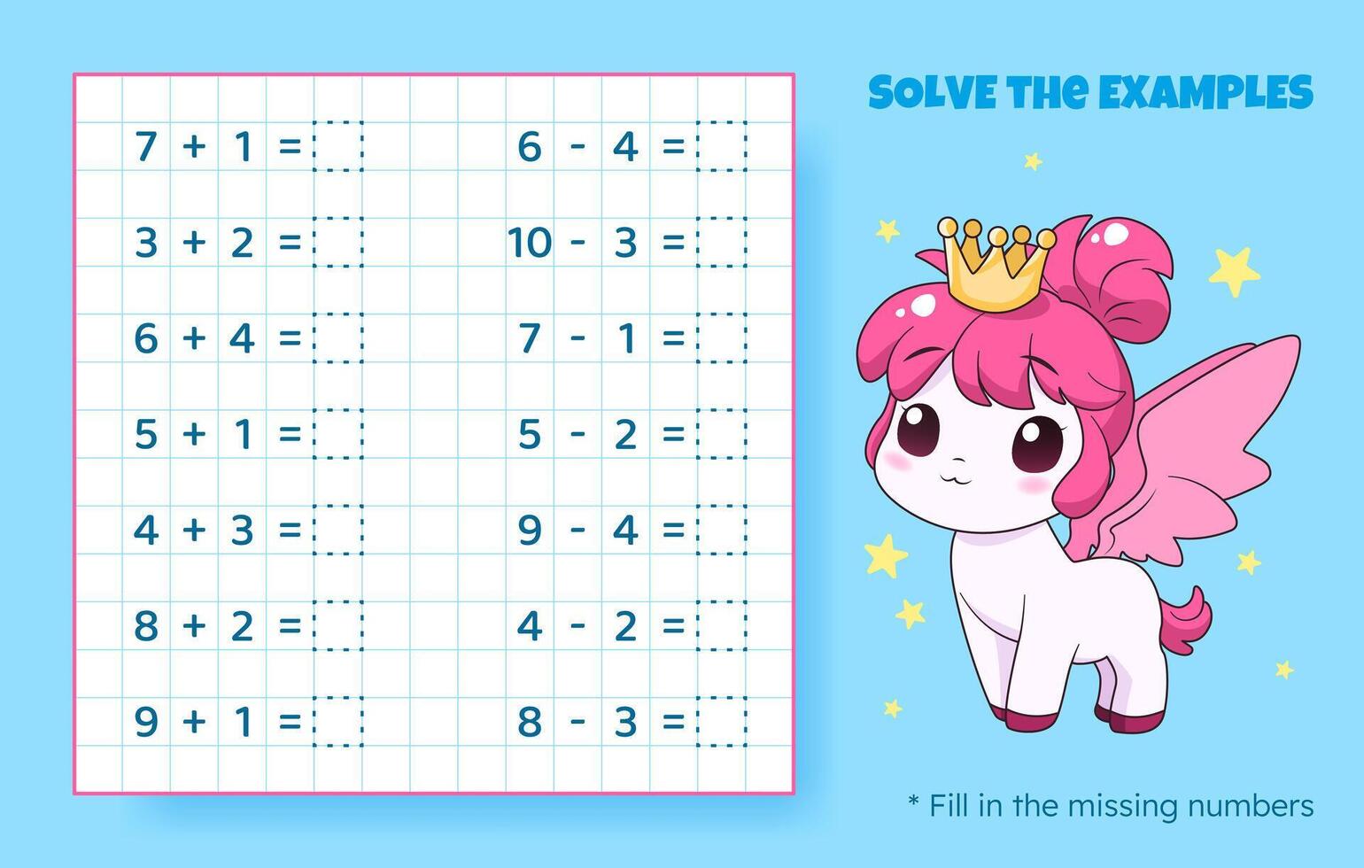 Solve the examples. Addition and subtraction up to 10. Mathematical puzzle game. Worksheet for school, preschool kids. Vector illustration. Cartoon educational game with cute pony for children.