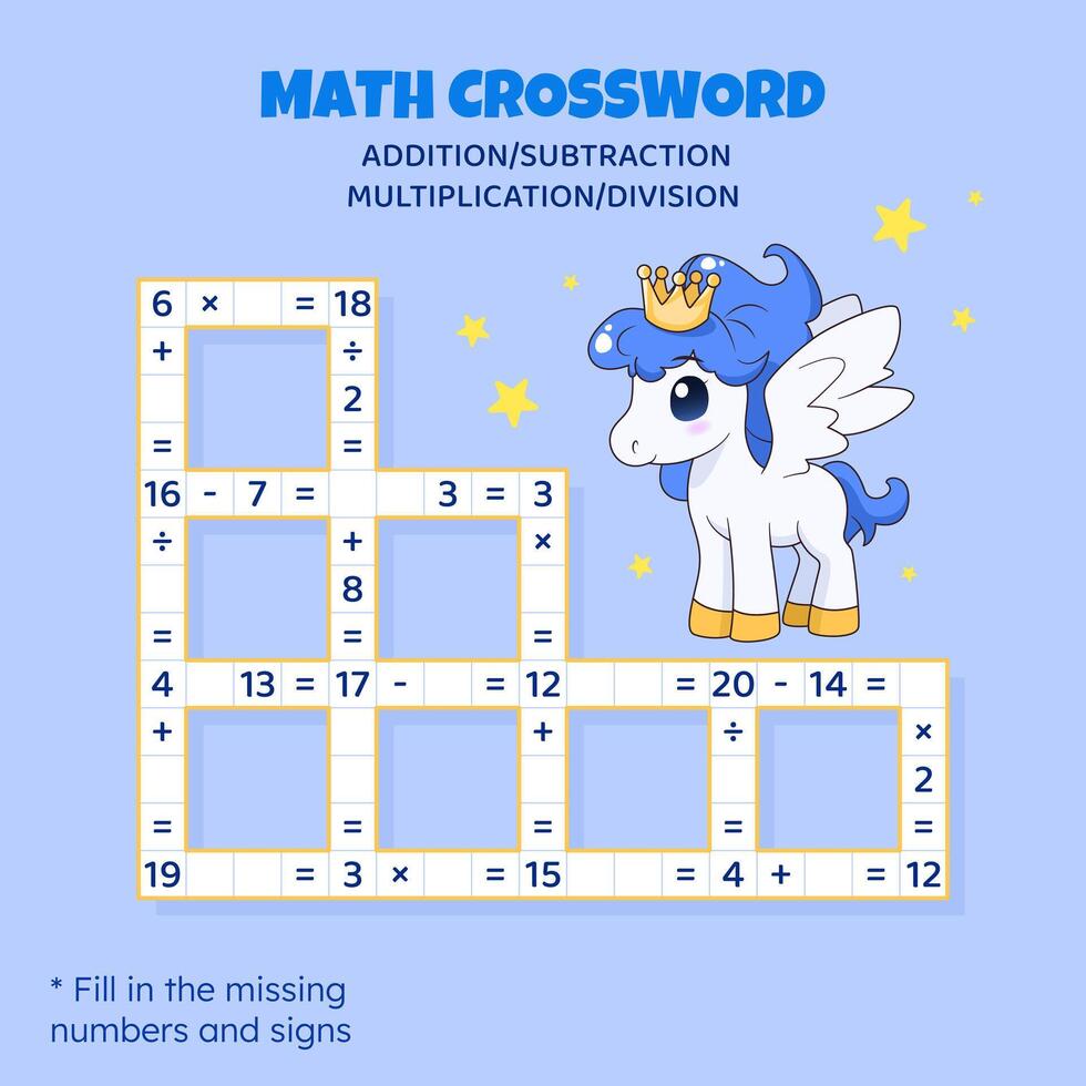 matemáticas crucigrama rompecabezas para niños. suma, sustracción, multiplicación y división. contando arriba a 20 vector ilustración. juego con dibujos animados linda poni. tarea, educación material para niños.