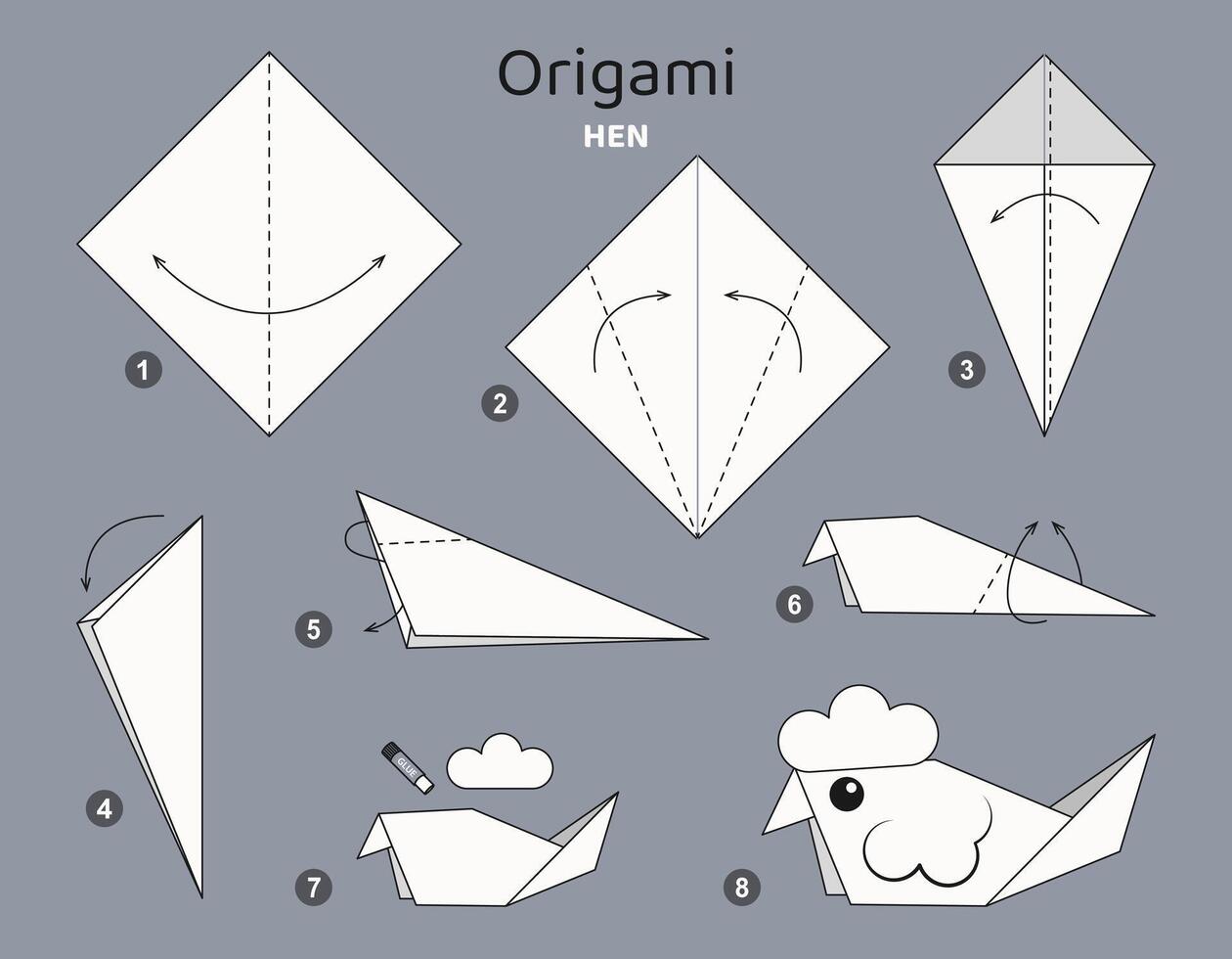 gallina origami esquema tutorial Moviente modelo. origami para niños. paso por paso cómo a hacer un linda origami pájaro. vector ilustración.