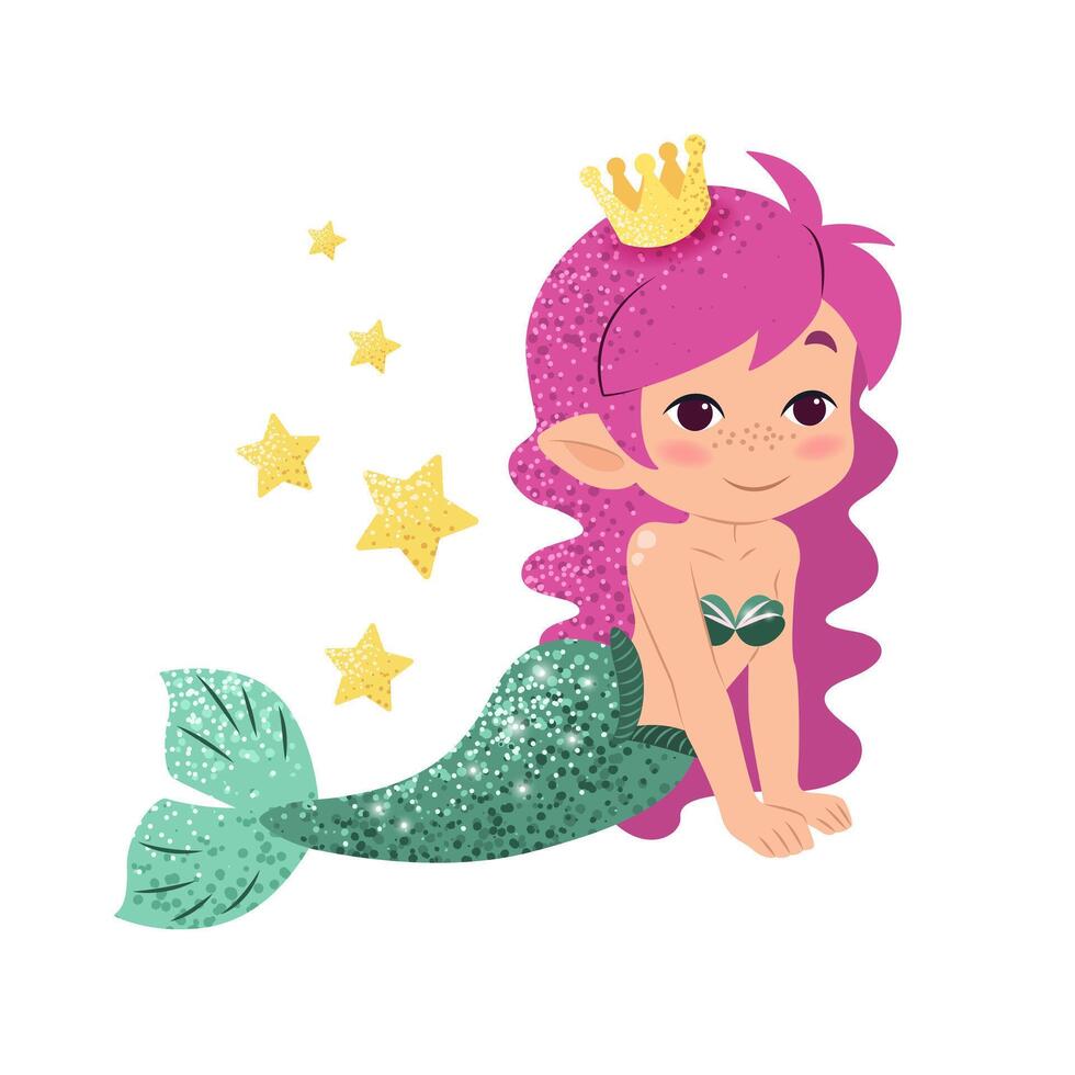 Cute cartoon little mermaid. Vector illustration in flat style. Graphic design for children, wallpapers, posters, greeting cards, prints. Magical creature.