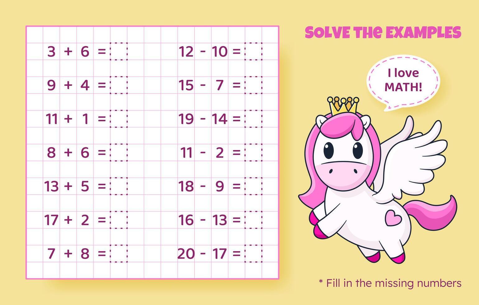 Solve the examples. Addition and subtraction up to 20. Mathematical puzzle game. Worksheet for school, preschool kids. Vector illustration. Cartoon educational game with cute pony for children.