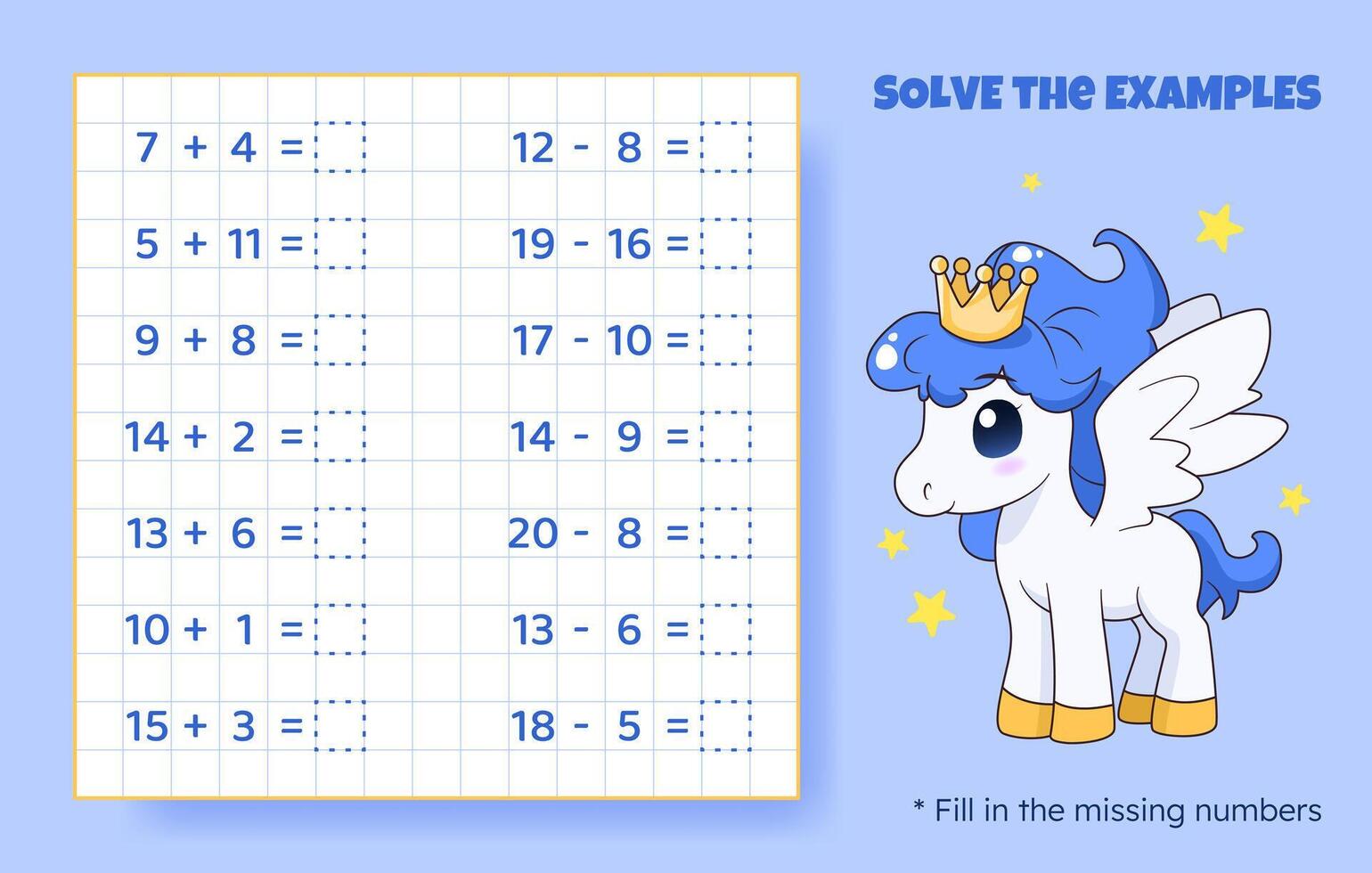 Solve the examples. Addition and subtraction up to 20. Mathematical puzzle game. Worksheet for school, preschool kids. Vector illustration. Cartoon educational game with cute pony for children.
