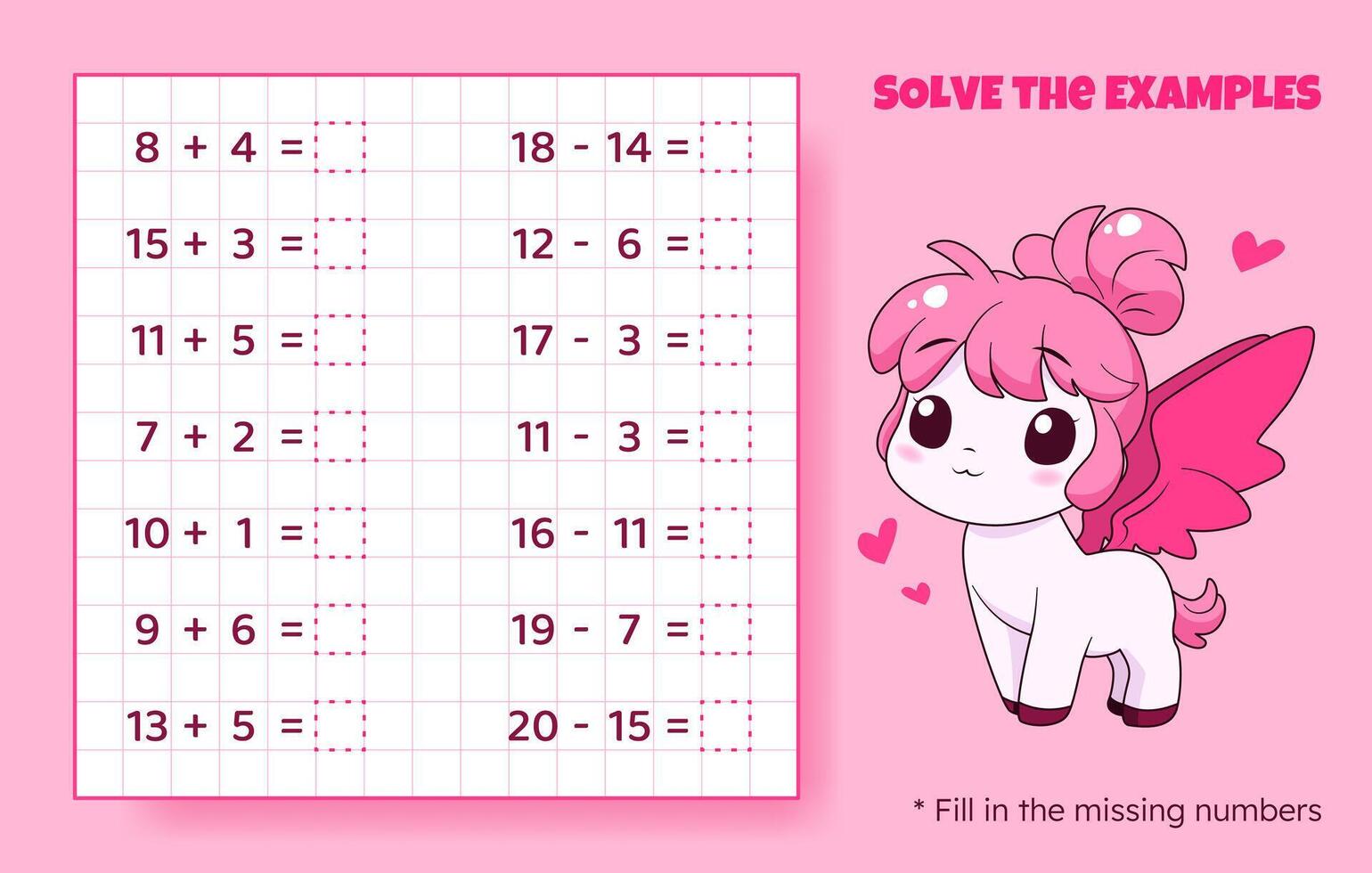Solve the examples. Addition and subtraction up to 20. Mathematical puzzle game. Worksheet for school, preschool kids. Vector illustration. Cartoon educational game with cute pony for children.