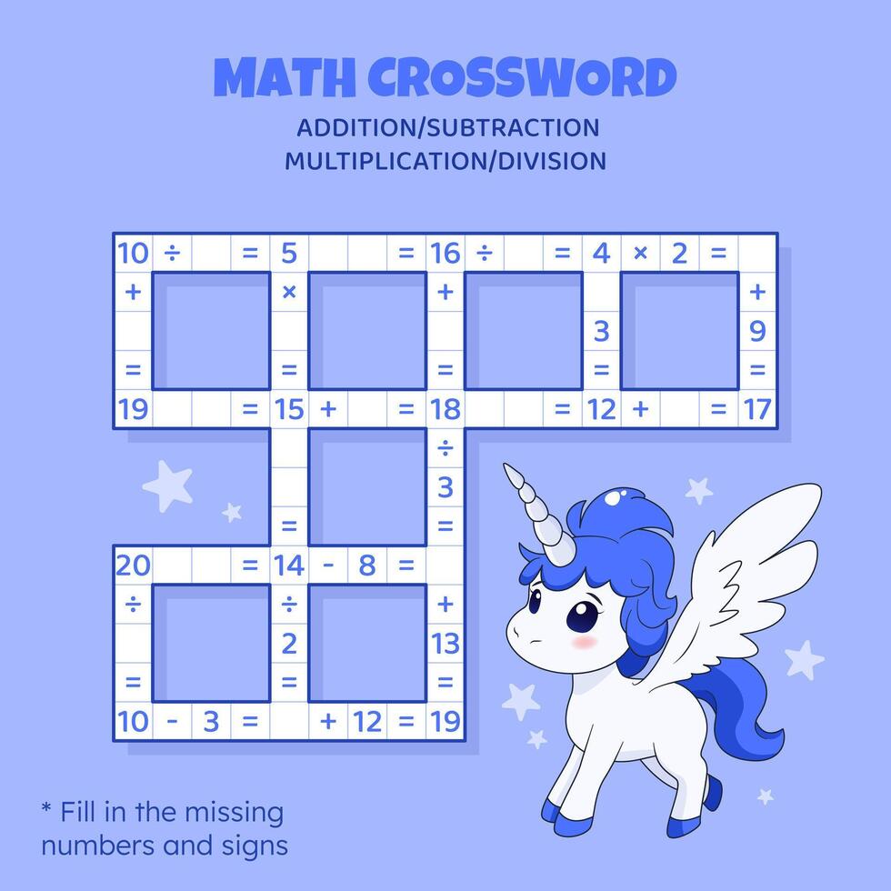 Math Crossword puzzle for children. Addition, subtraction, multiplication and division. Counting up to 20. Vector illustration. Game with cartoon cute unicorn. Task, education material for kids.