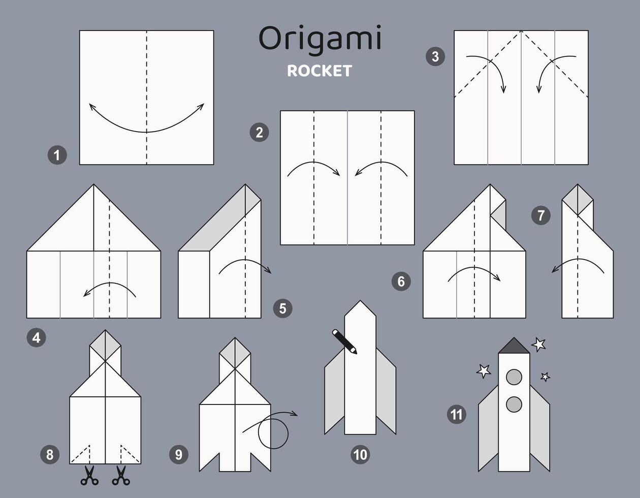 cohete origami esquema tutorial Moviente modelo. origami para niños. paso por paso cómo a hacer origami transporte. vector ilustración.