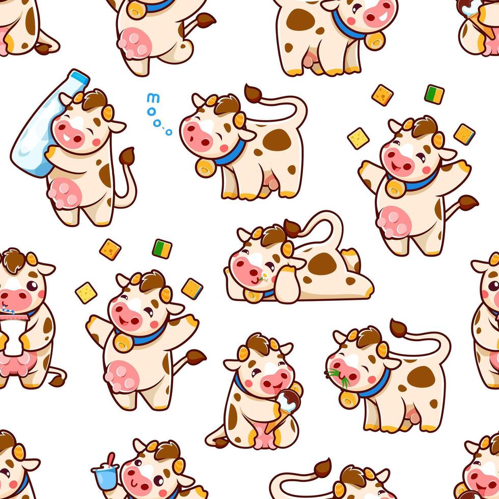 Cartoon cute cow characters in pattern background vector