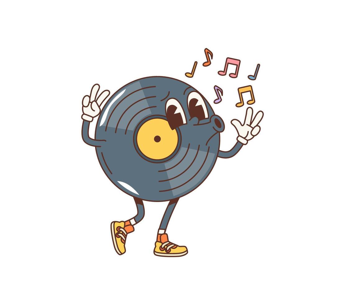 Cartoon vinyl record groovy character whistle vector