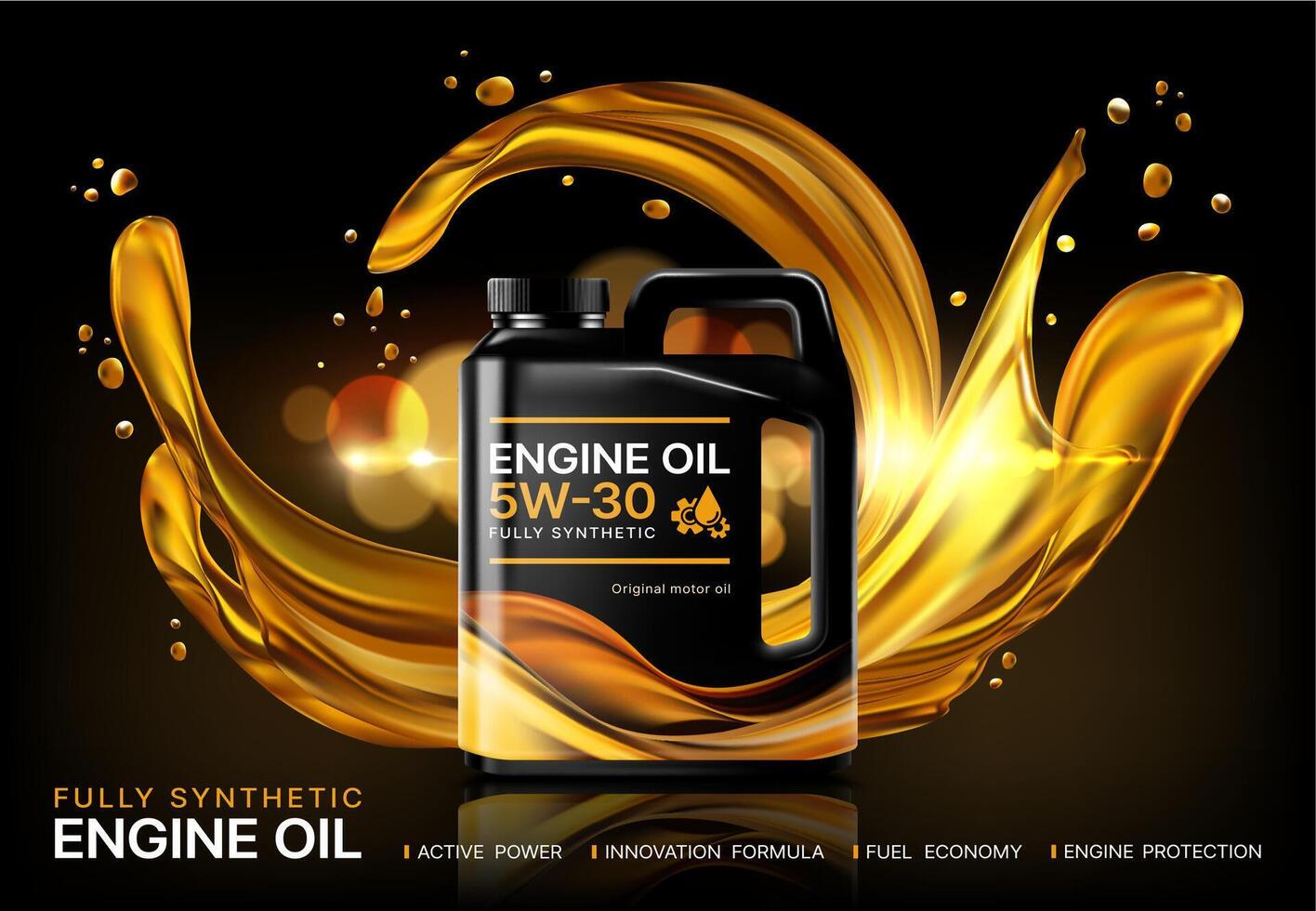 Realistic car engine motor oil bottle with splash vector