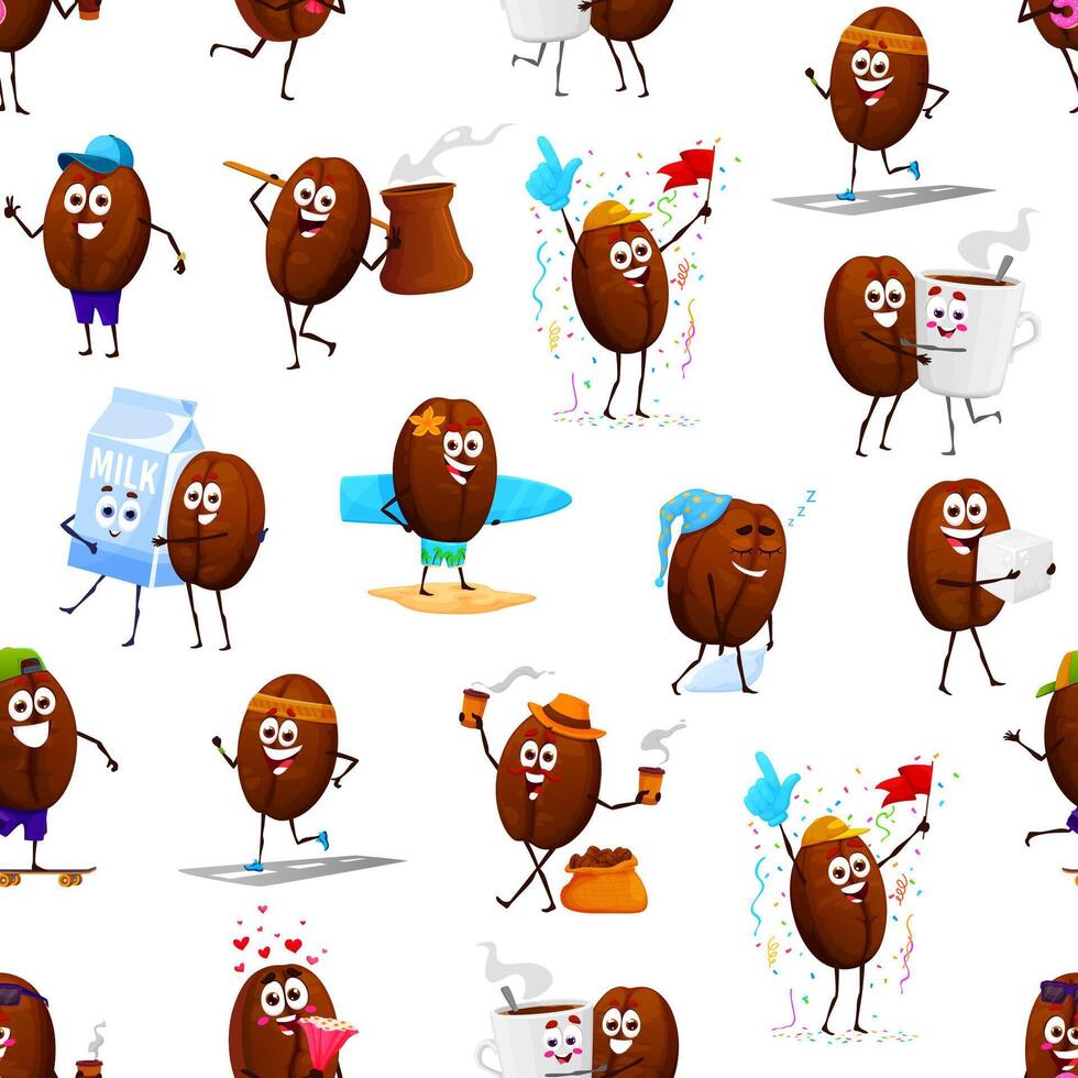 Cartoon cheerful coffee bean characters pattern vector