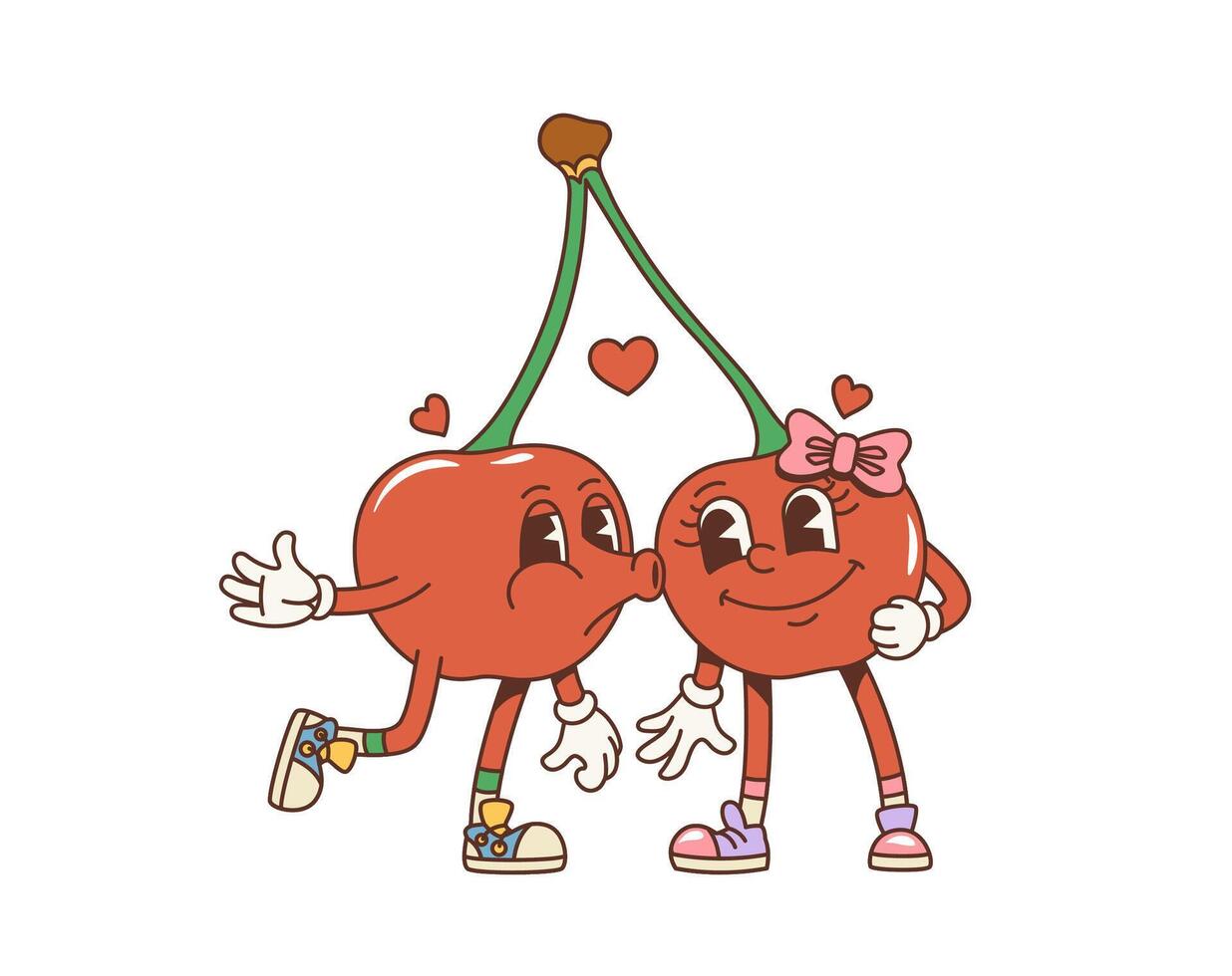 Cartoon retro valentine groovy kissing cherries vector