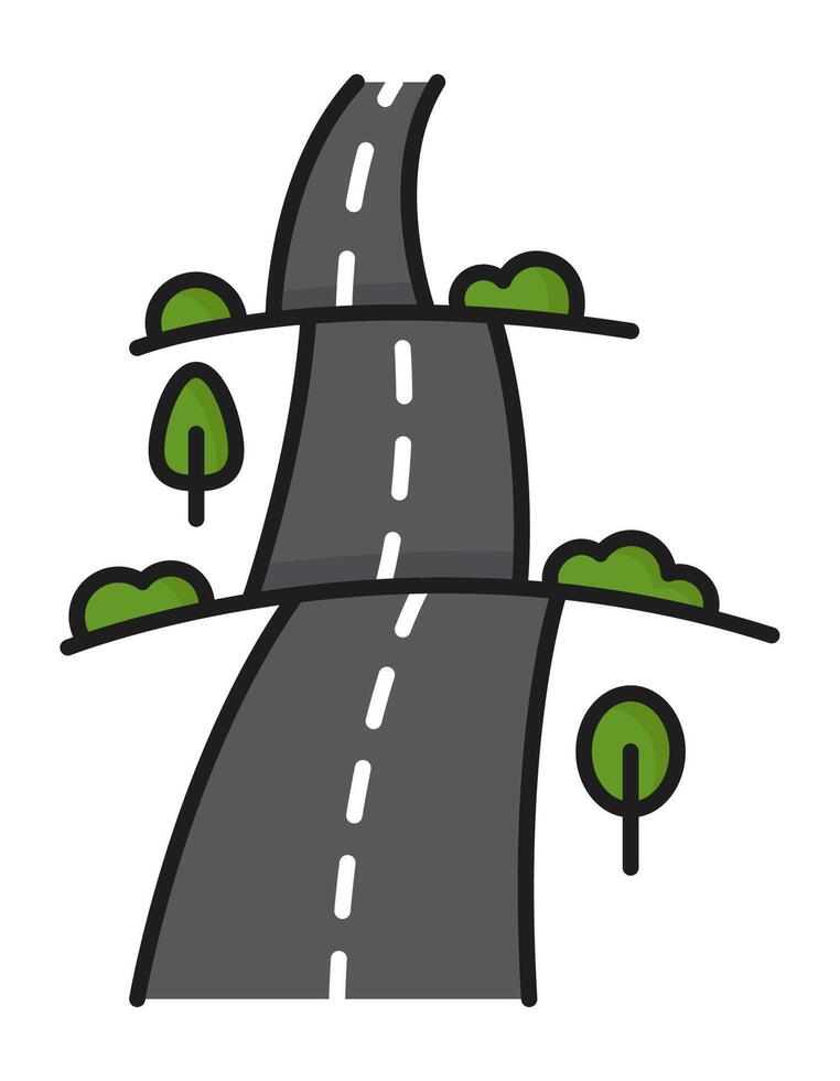 Road color line icon, highway roadway with trees vector