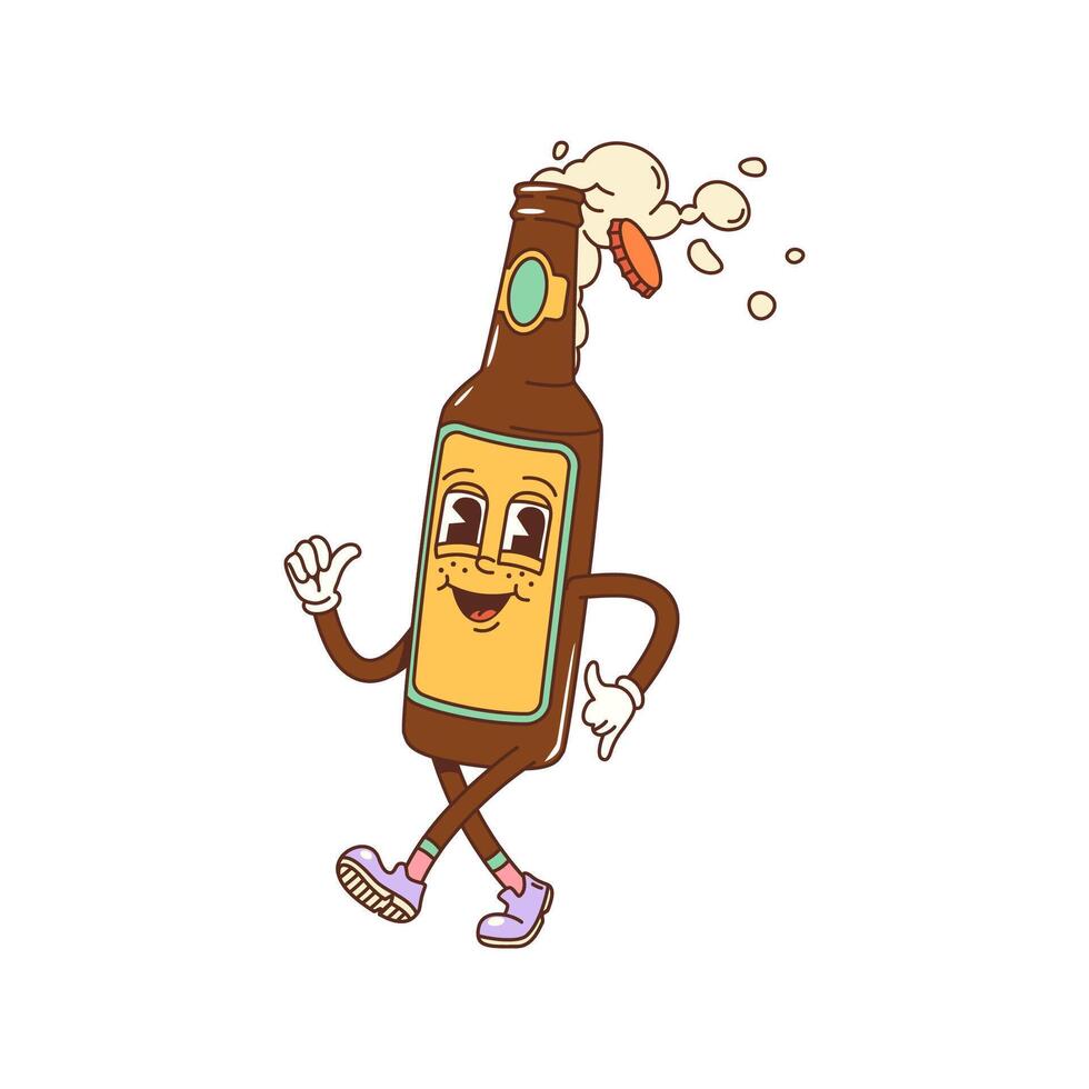 Cartoon groovy beer bottle character, glass flask vector