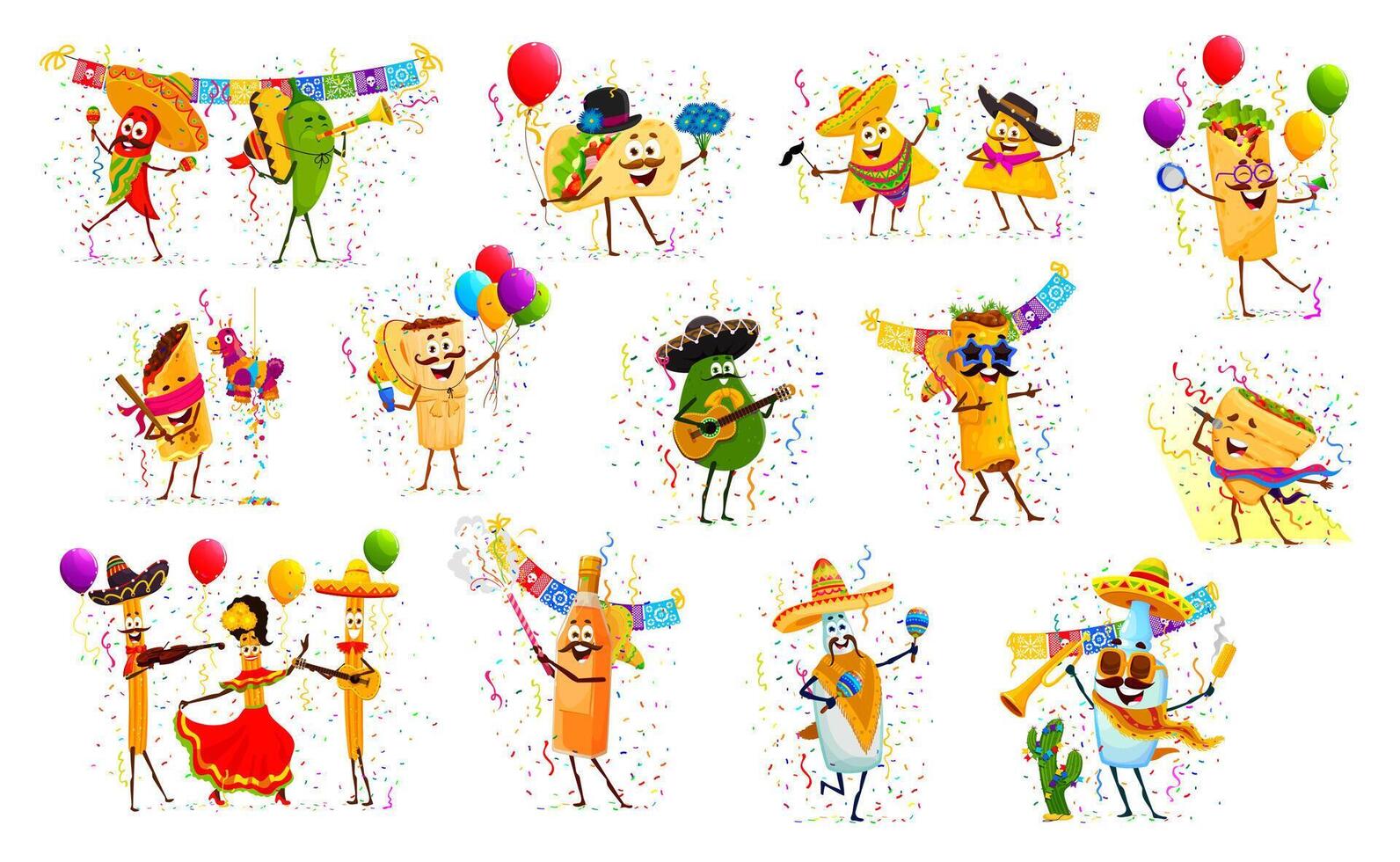 Mexican tex mex food characters on holiday party vector