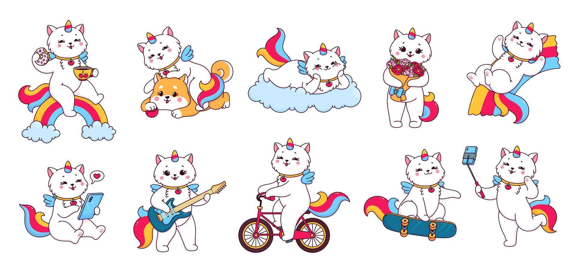 Cartoon cute caticorn cat and kitten characters vector