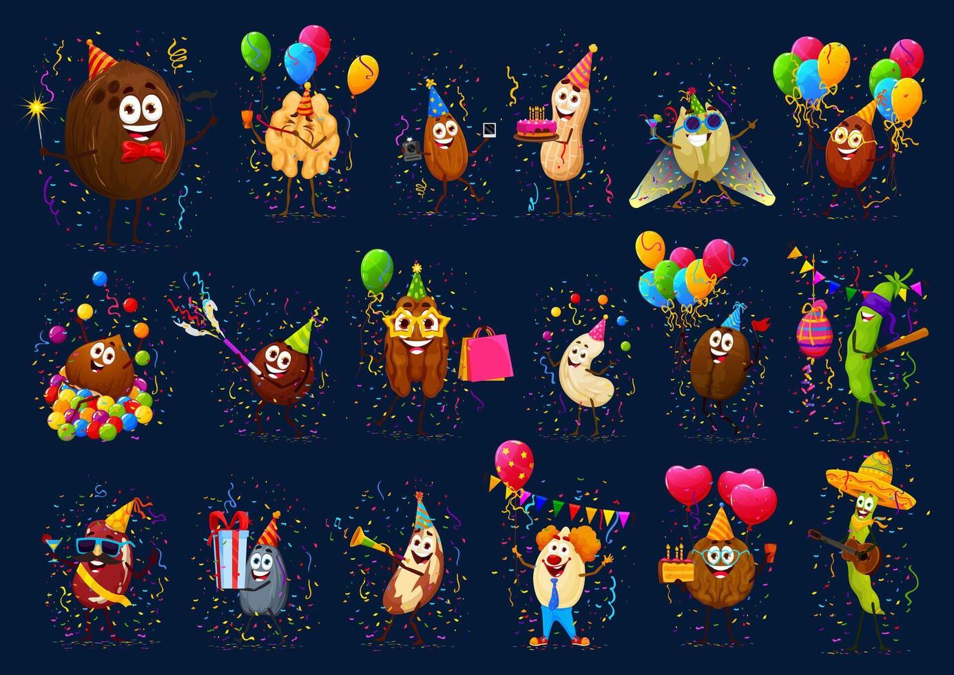 Cartoon nut characters on holiday and birthday vector