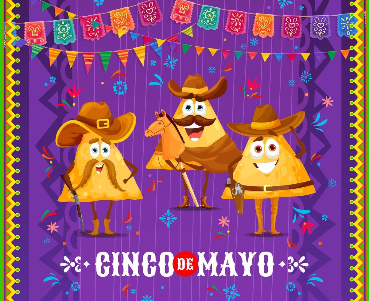 Cinco de mayo banner cartoon Mexican nachos cowboy vector