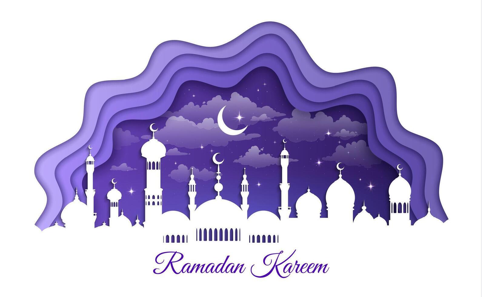 Ramadán kareem y eid Mubarak papel cortar mezquita vector